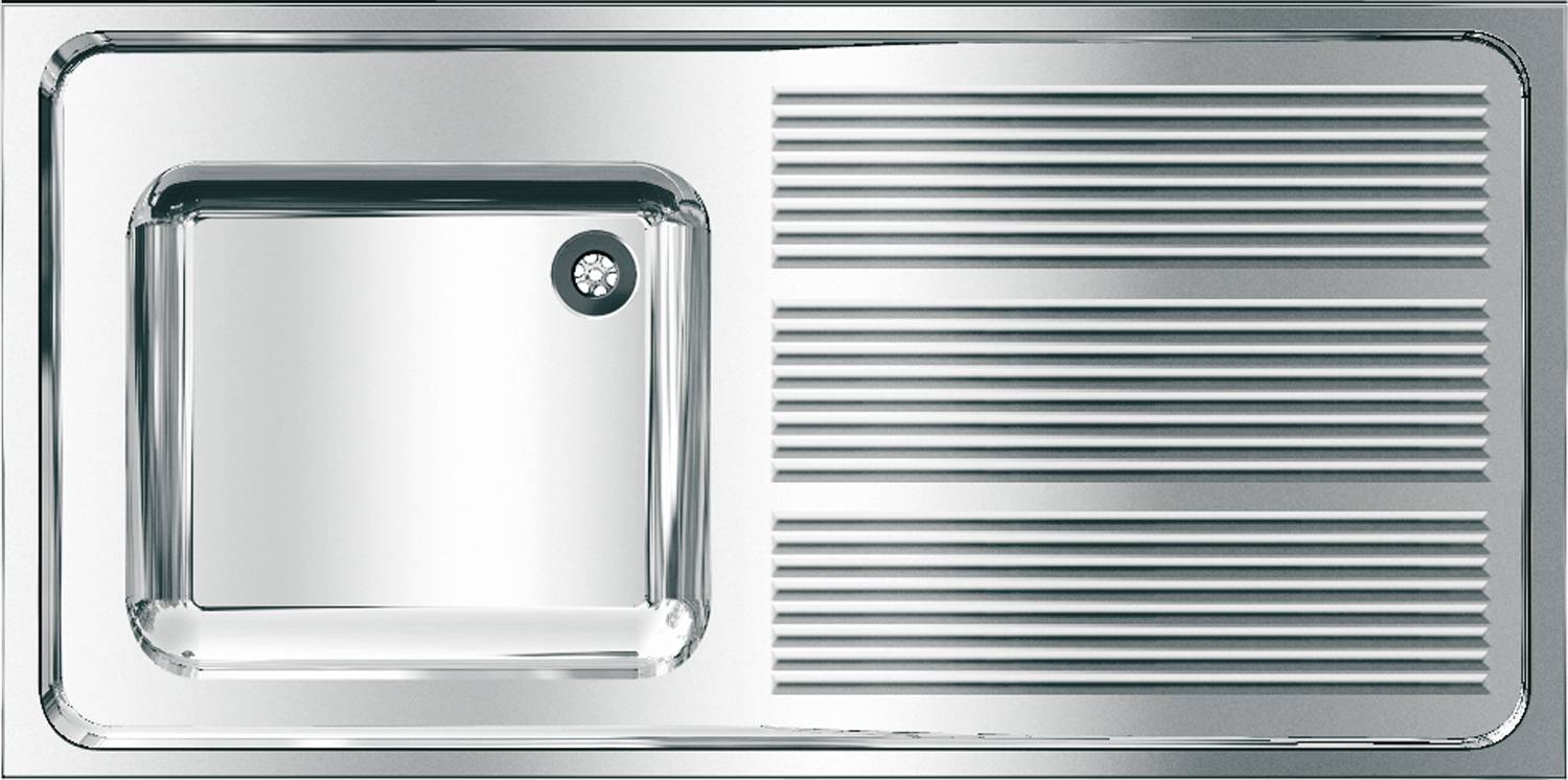 Ein Edelstahl-Küchenspülbecken mit einem tiefen Becken auf der linken Seite und einem großen Abtropfbereich auf der rechten Seite.