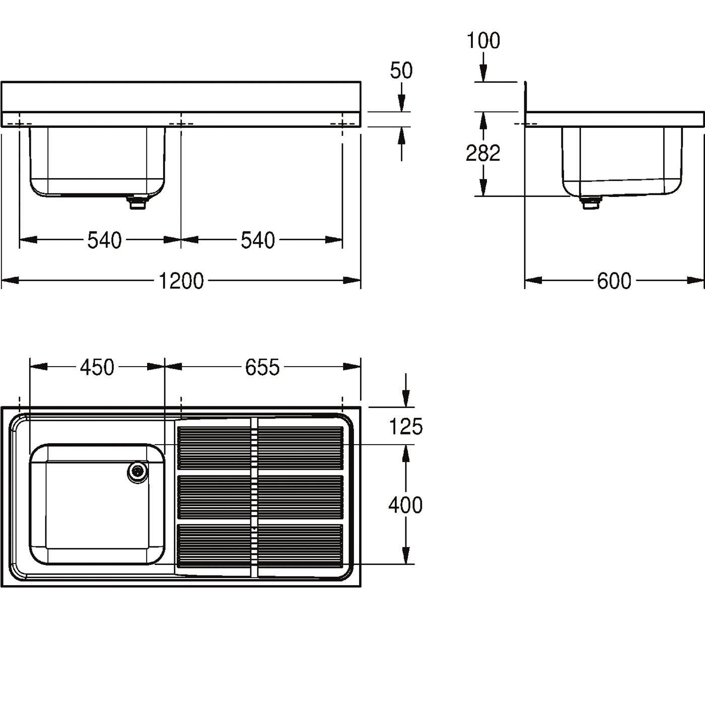 Technische Zeichnung einer rechteckigen Küchenspüleneinheit mit Abtropfbrett, mit Draufsicht, Vorderansicht und Seitenansicht sowie Abmessungen von 1200 x 600 mm und Höhenmessungen.