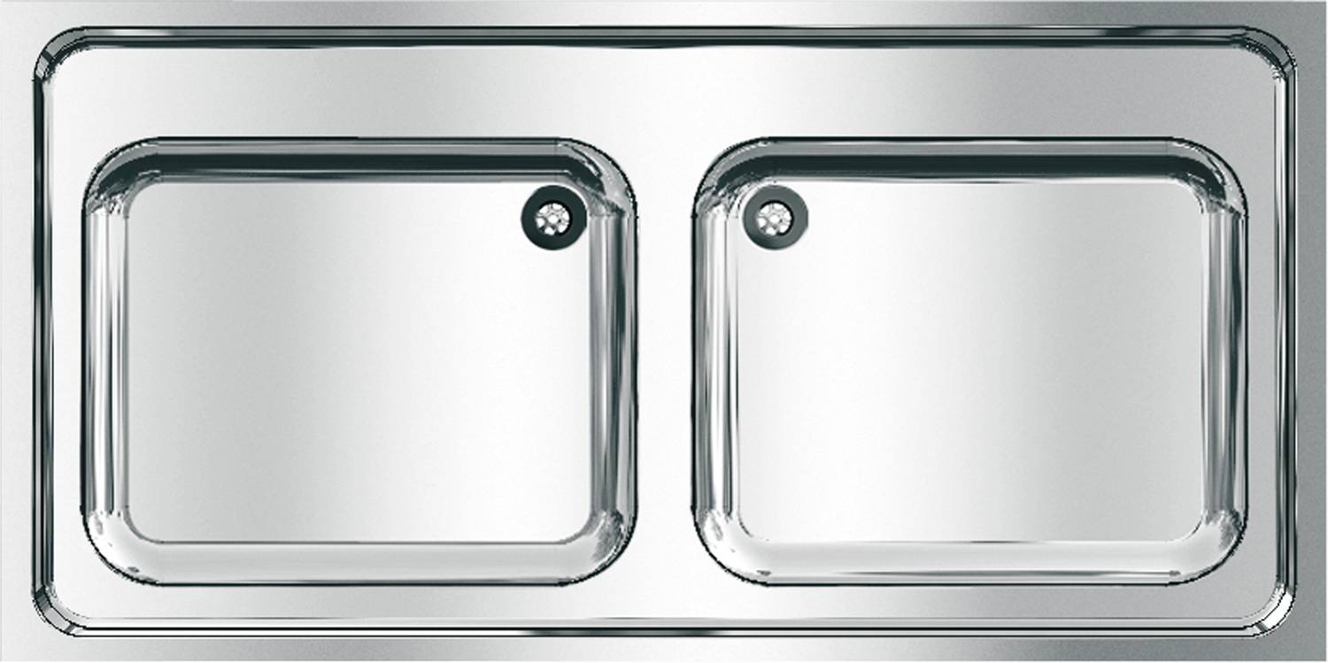 Ein glänzendes, doppelbeckeniges Edelstahlwaschbecken für die Küche mit sichtbaren Ablauflöchern, das das Licht in modernem Stil reflektiert.