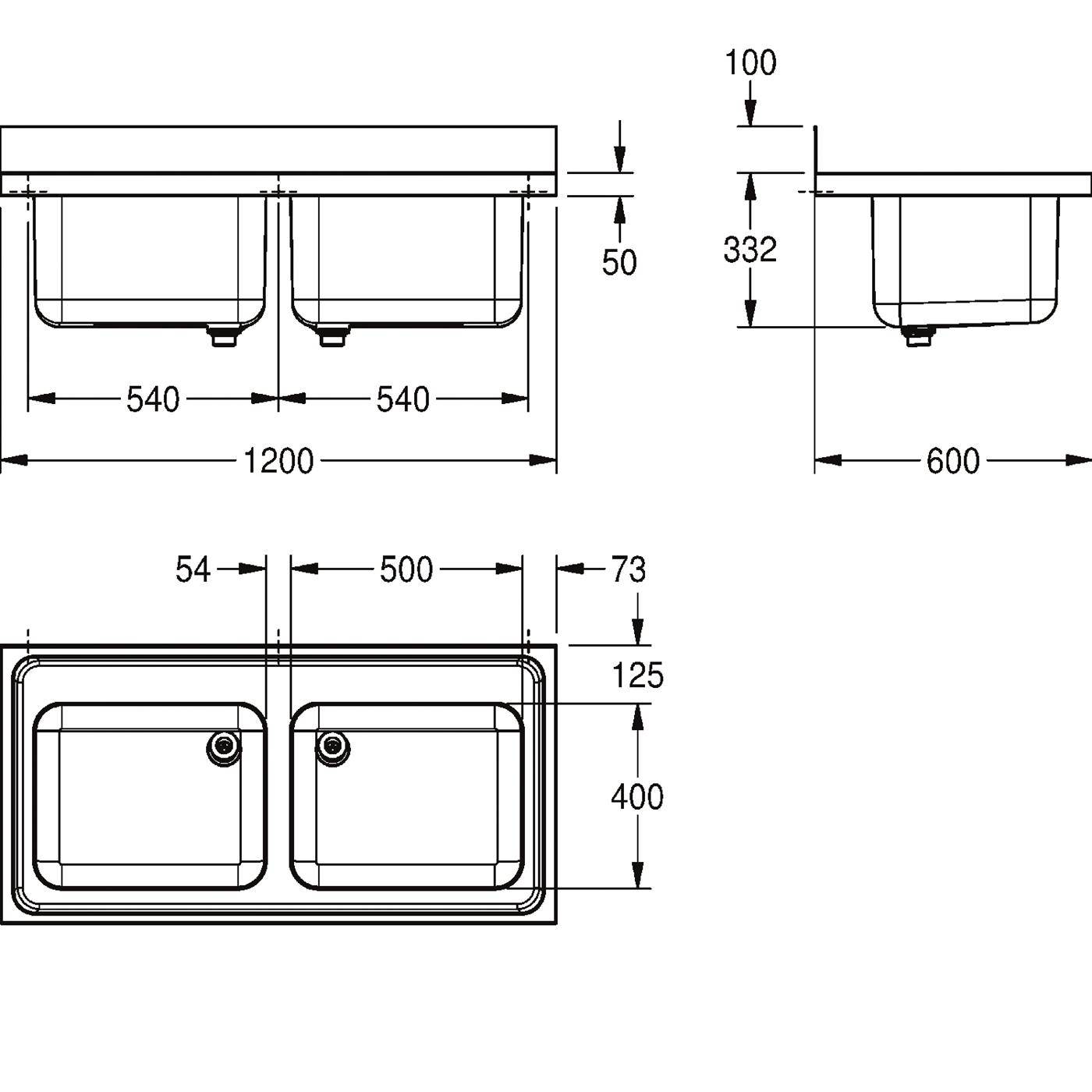 KWC Évier professionnel, MAXIMA, acier inoxydable, 2 cuves, 1200x432x600 mm