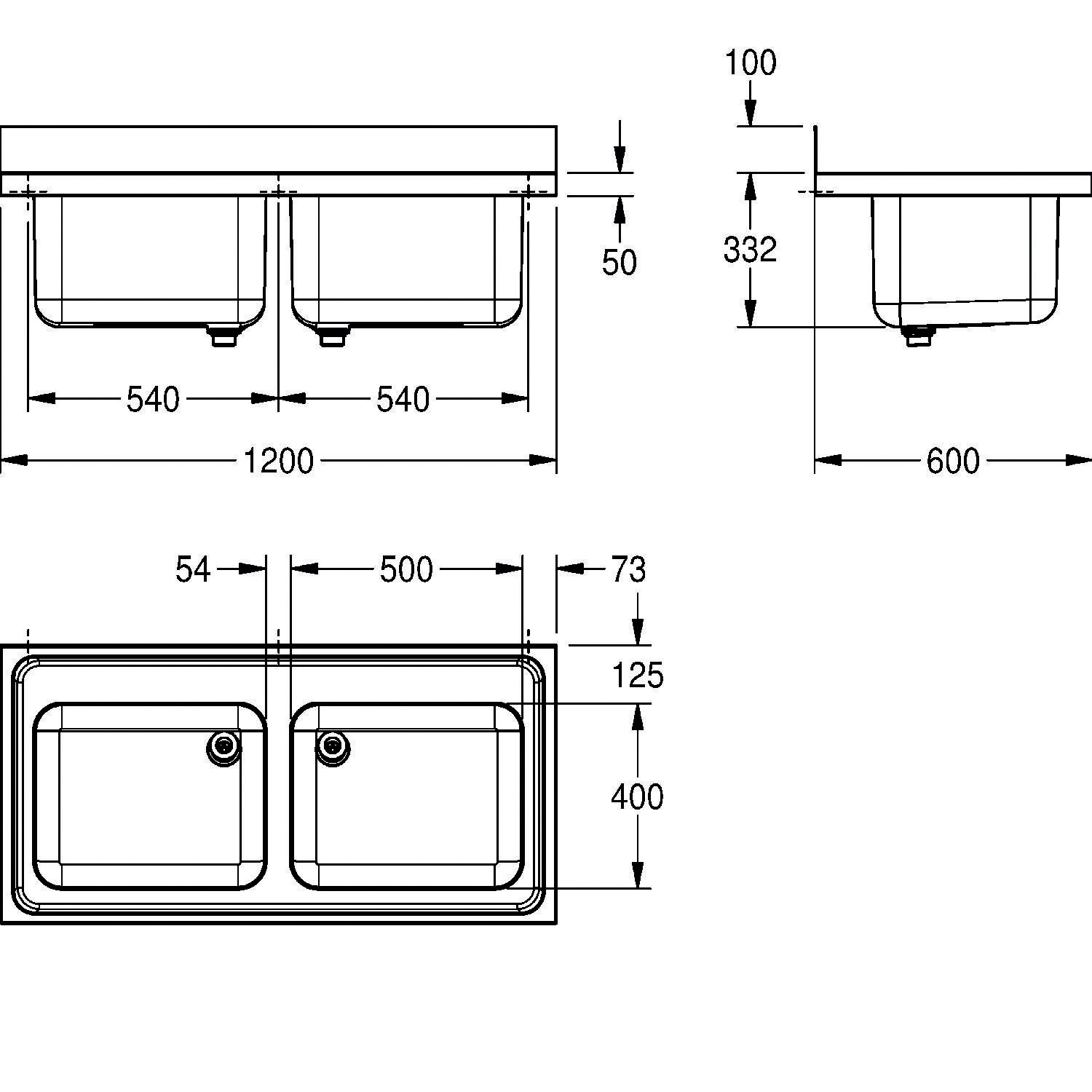 Eine technische Zeichnung eines Doppelspülbeckens mit Maßen: Breite 1200 mm, Tiefe 600 mm, Beckentiefe 332 mm und Abstand zwischen den Becken 54 mm.
