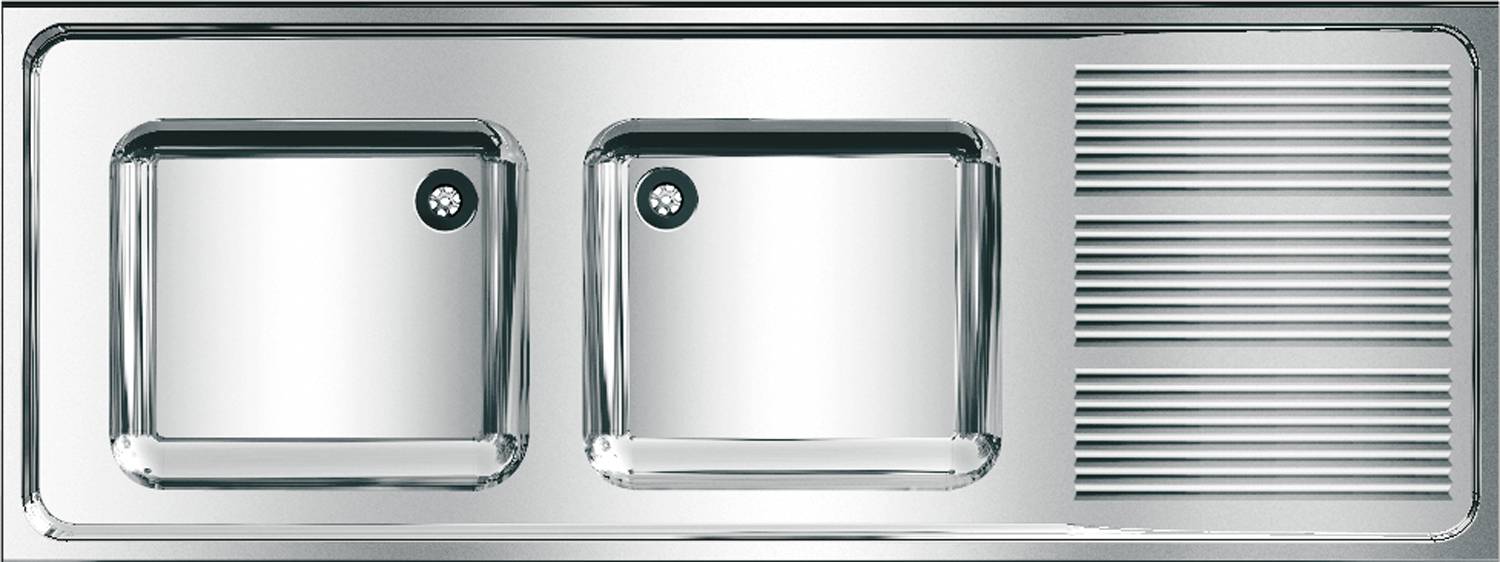 Edelstahl-Doppelspüle für die Küche mit zeitgemäßem Design, bestehend aus einer großen und einer kleinen Becken, beide mit abgerundeten Kanten.