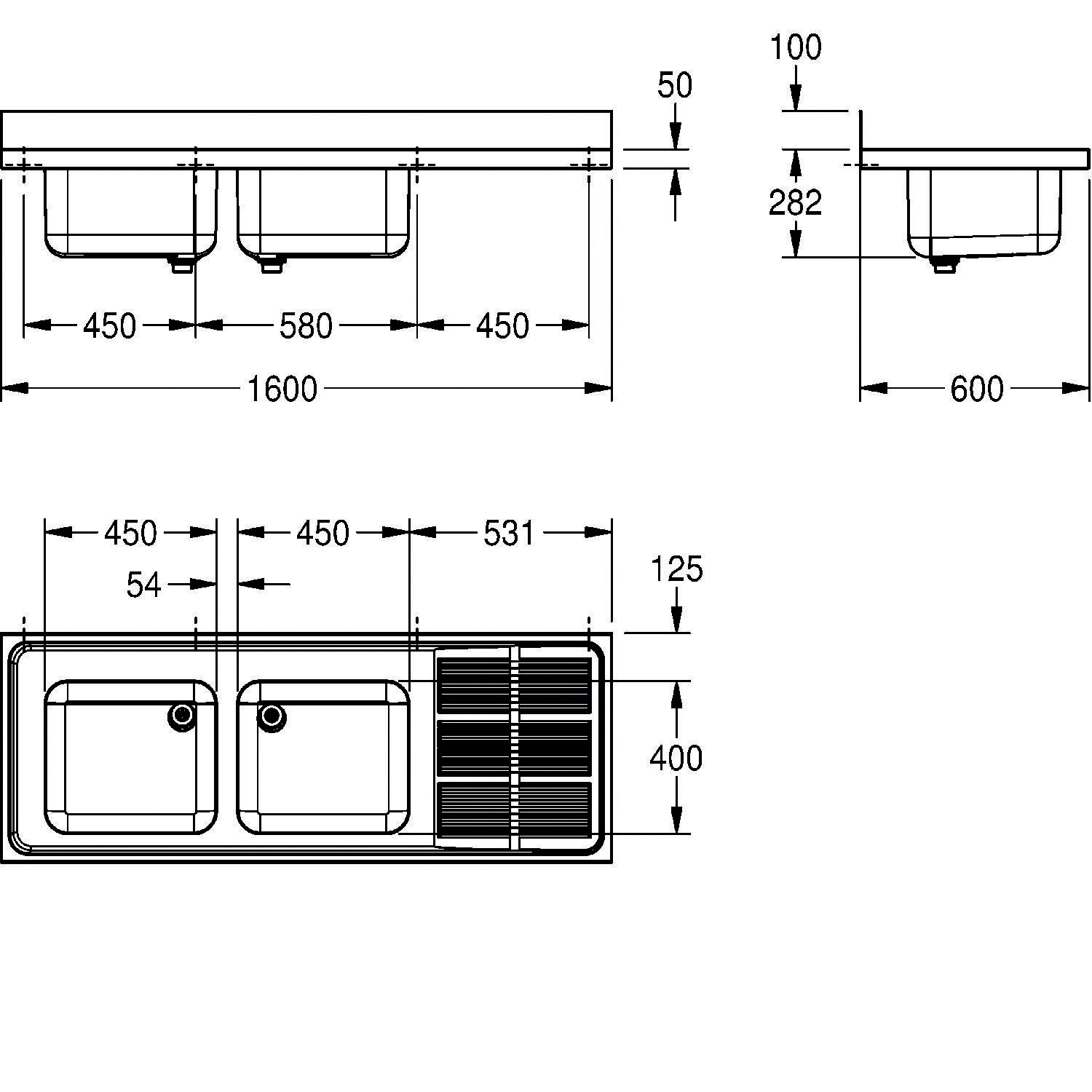 Diagramm einer Doppelspüle mit Installationsmaßen. Zeigt zwei Becken, Maße in Millimetern.