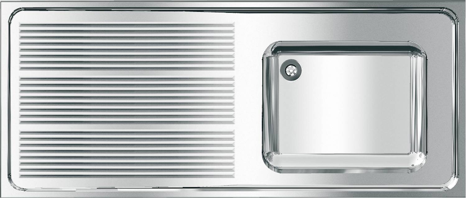 Ein Küchenbecken aus Edelstahl mit integriertem Abtropfbereich, ausgestattet mit glatten Kanten und einem einzelnen Ablaufloch.