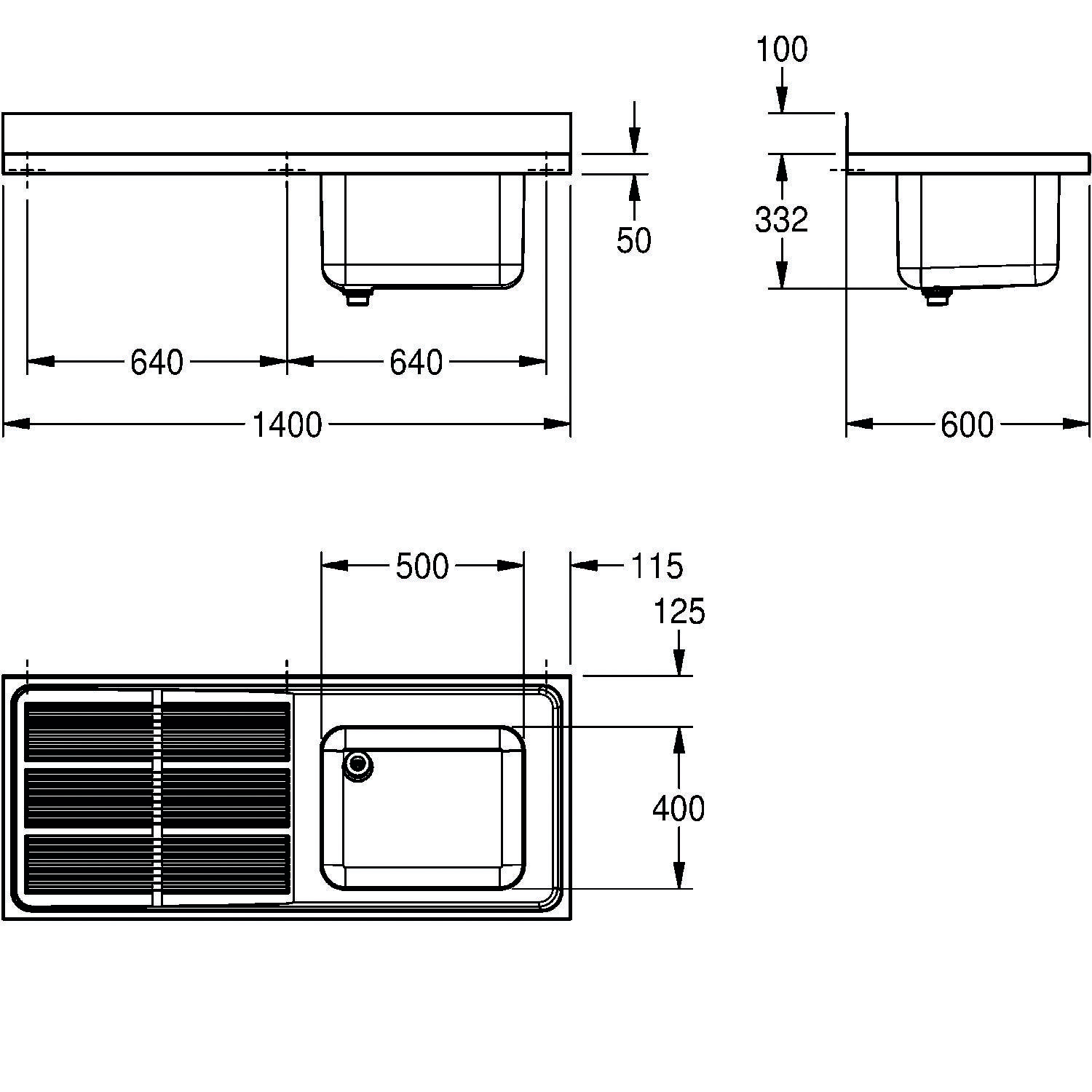 Technische Zeichnung eines Küchenspülenbreichs mit Abmessungen. Enthält Spüle mit Abtropffläche. Maße: 1400x600 mm gesamt, mit 500 mm Spülenbreite.