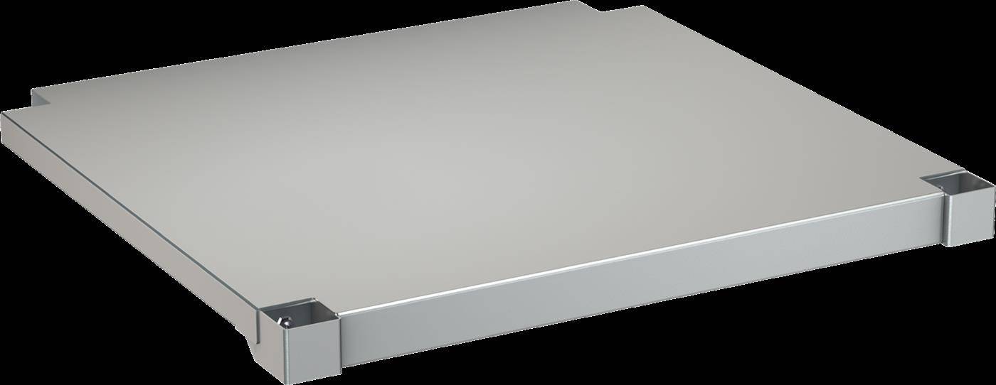 Nahaufnahme eines flachen rechteckigen Metallpanels mit umgebogenen Kanten und Eckklammern, perspektivisch auf schwarzem Hintergrund dargestellt.