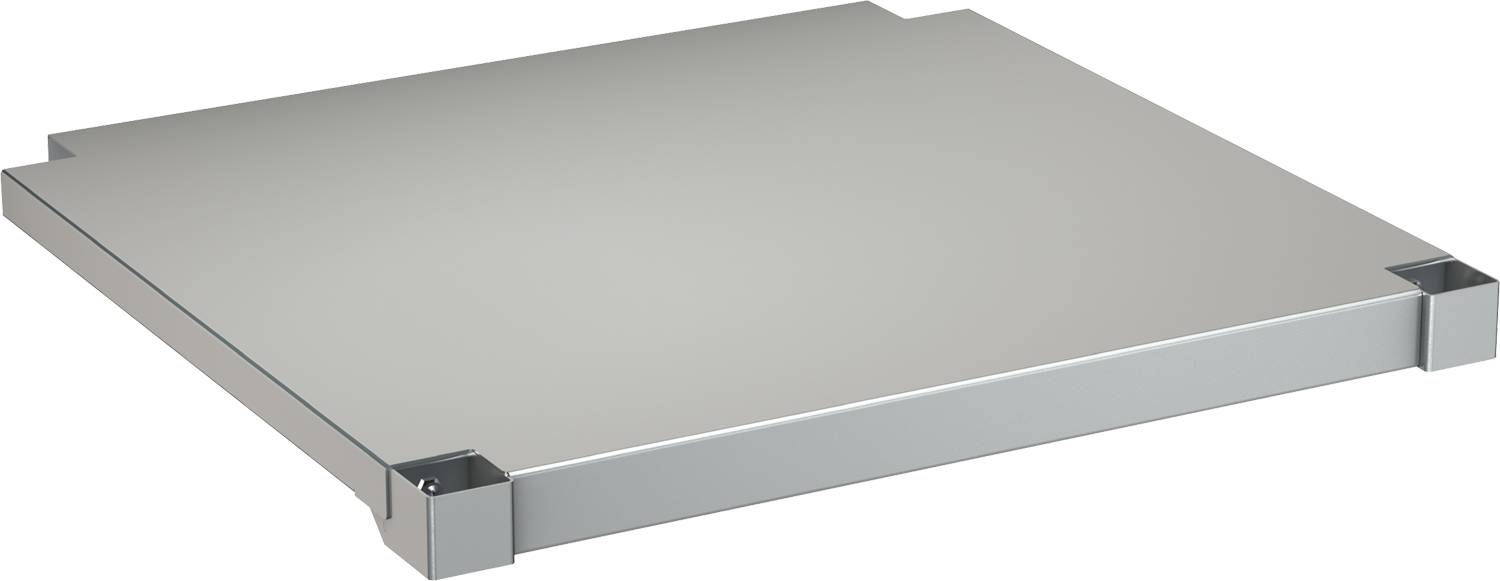 Eine Nahaufnahme einer Metallecke eines rechteckigen Objekts, höchstwahrscheinlich eines Tabletts oder Deckels, mit einer glatten und reflektierenden Oberfläche.