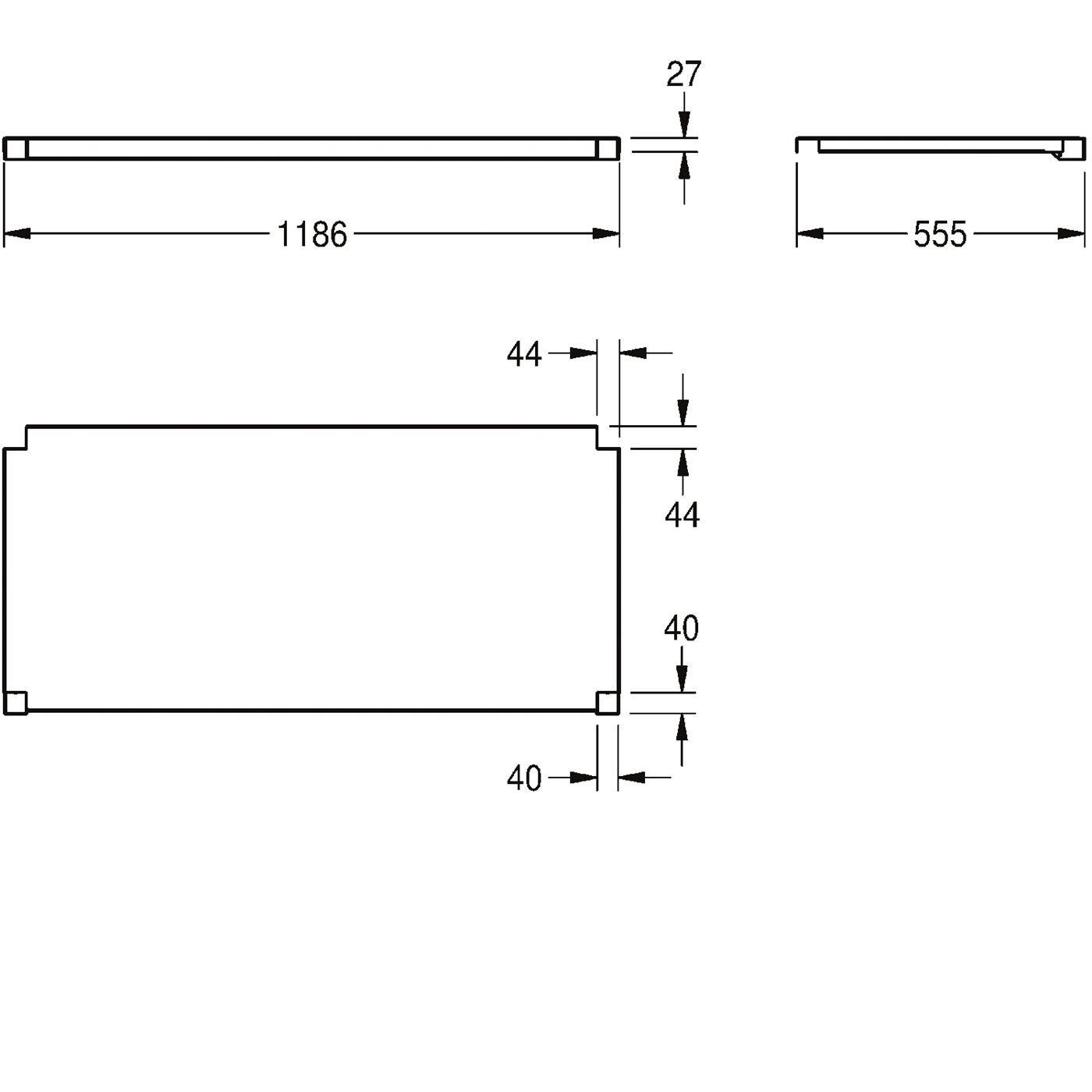 Technische Maßstabzeichnung eines rechteckigen Panels mit einer gestuften Kerbe, mit den Abmessungen 1186, 555, 27, 44 und 40.