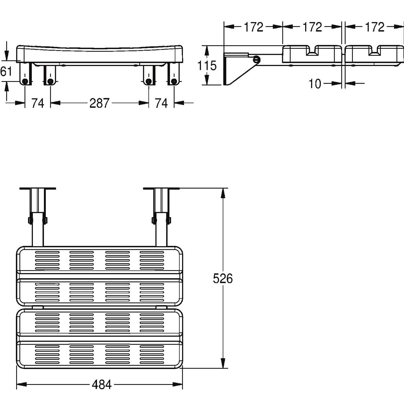 Technische Maßzeichnung einer rechteckigen Lamellenbaugruppe mit Montagebeinen, dargestellt in Front-, Seiten- und Draufsicht mit Abmessungen von 484 Breite und 526 Höhe.