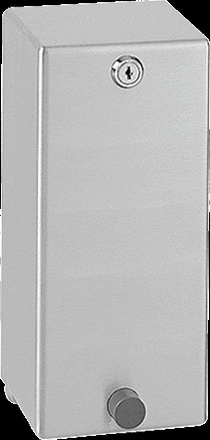 Weißer an der Wand montierter Metallspender-Schrank mit einem Schloss oben und einem Druckknopf unten.