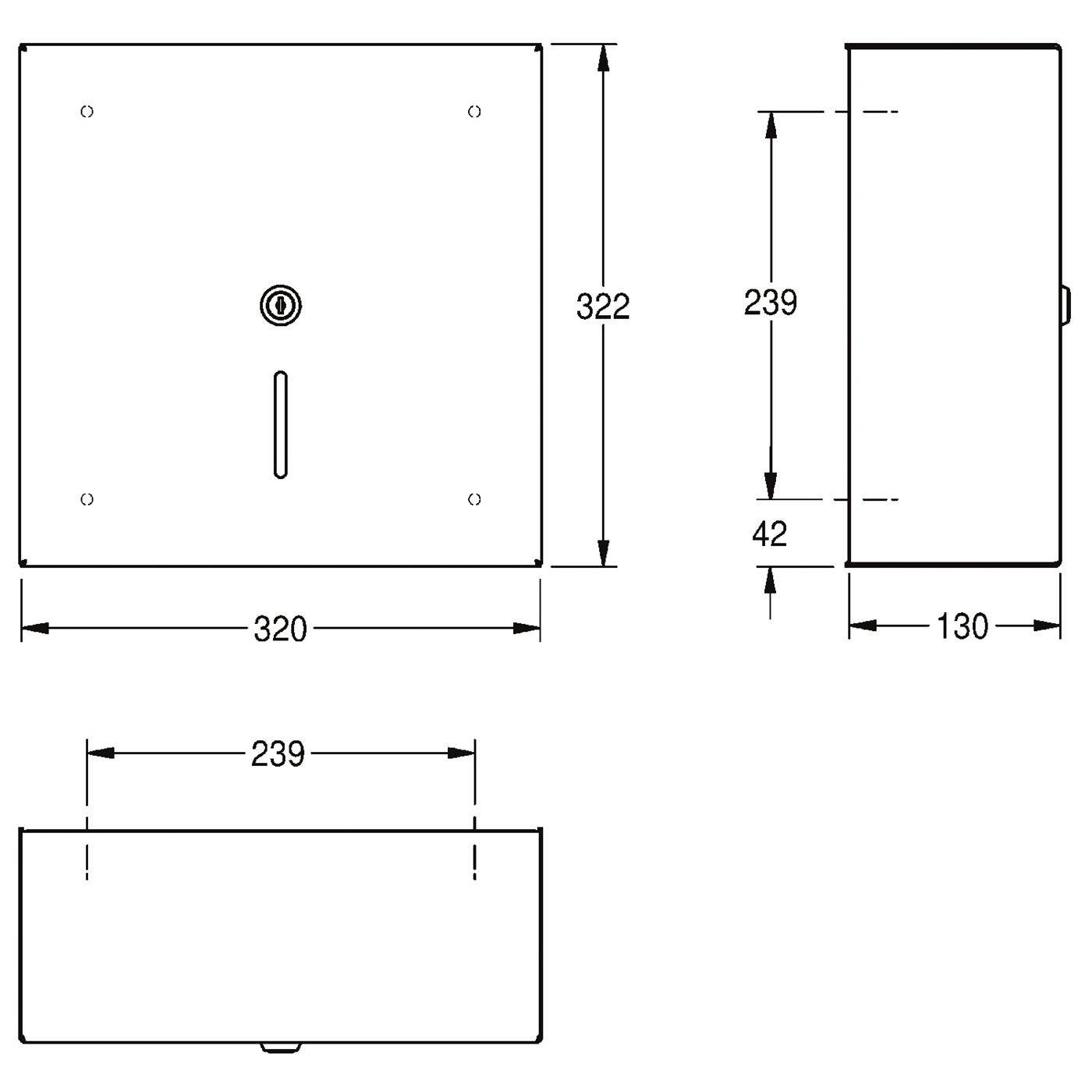 Technische Maßstabzeichnung eines rechteckigen wandmontierten Panels, die Front-, Seiten- und Draufsicht mit Abmessungen 320 x 322 x 130 und wichtigen Versätzen 239 und 42 zeigt.