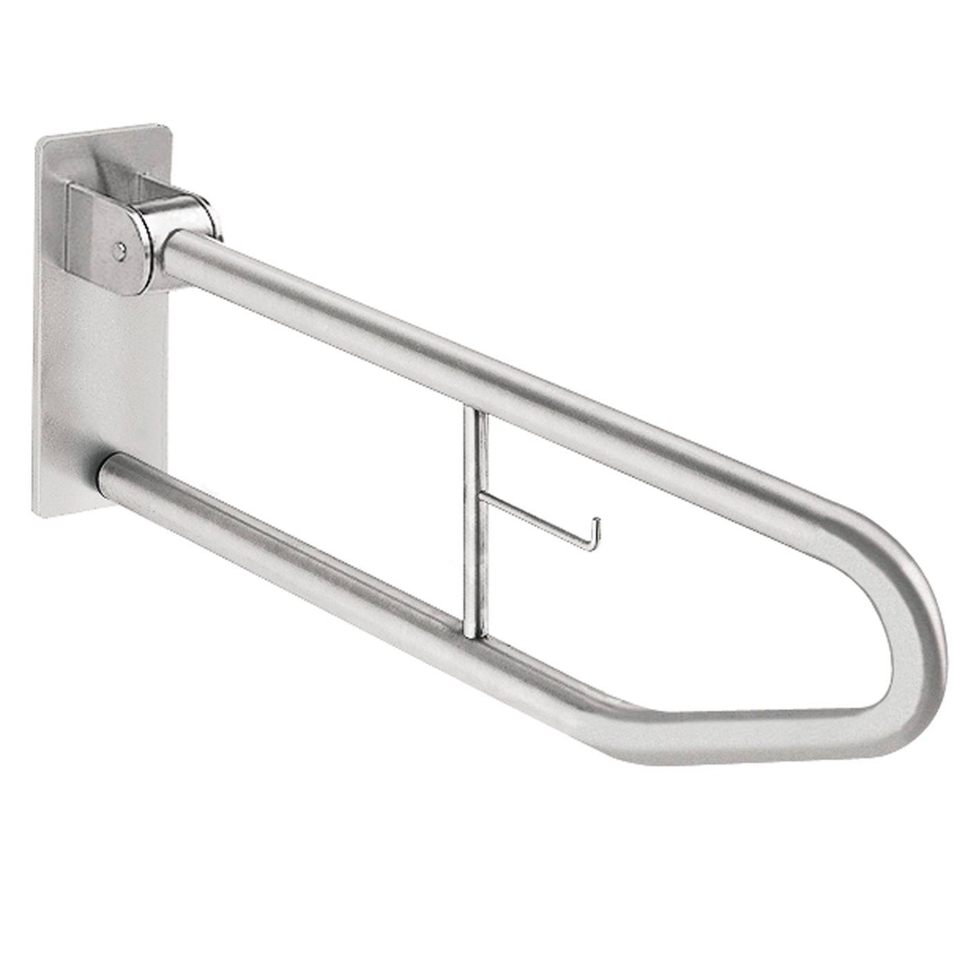 Edelstahl-Wandmontagegriff mit Klappfunktion und gebogenem Stützarm sowie Scharnierplatte zur Badezimmerassistenz.