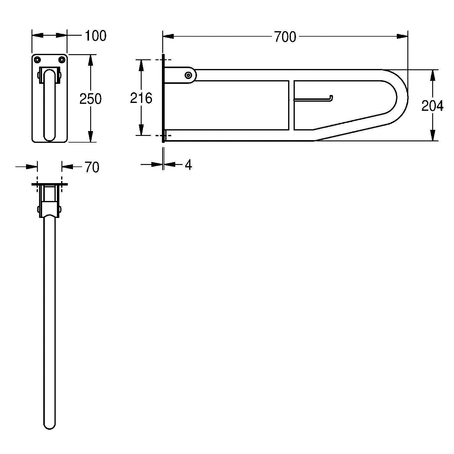 Haltegriff technische Zeichnung; Wandmontage, L-förmig; Abmessungen: 700 mm Breite, 250 mm Höhe, 204 mm Tiefe.