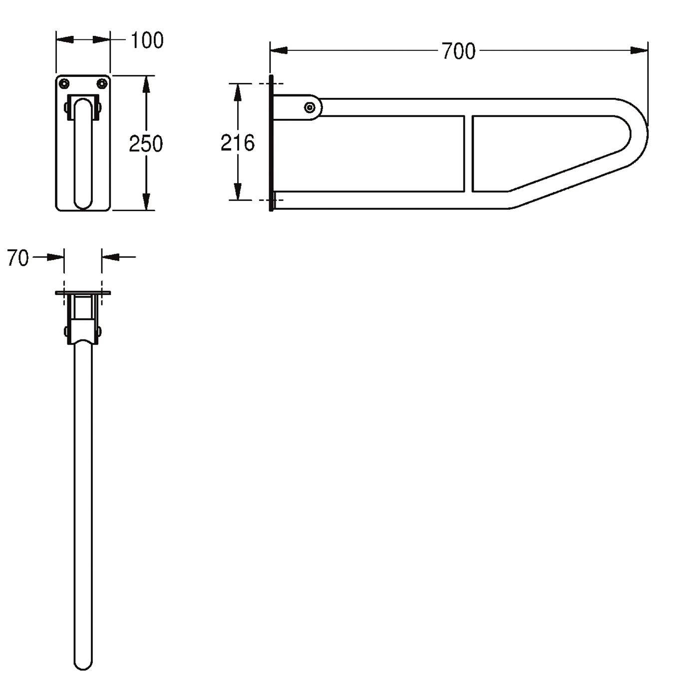 Technische Zeichnung eines wandmontierten Klapparmes/Griffs mit Abmessungen: 700 mm Länge, 216 mm Höhe, 250 mm hohe Montageplatte und 100 mm Breite; die Seitenansicht zeigt eine 70 mm obere Breite.