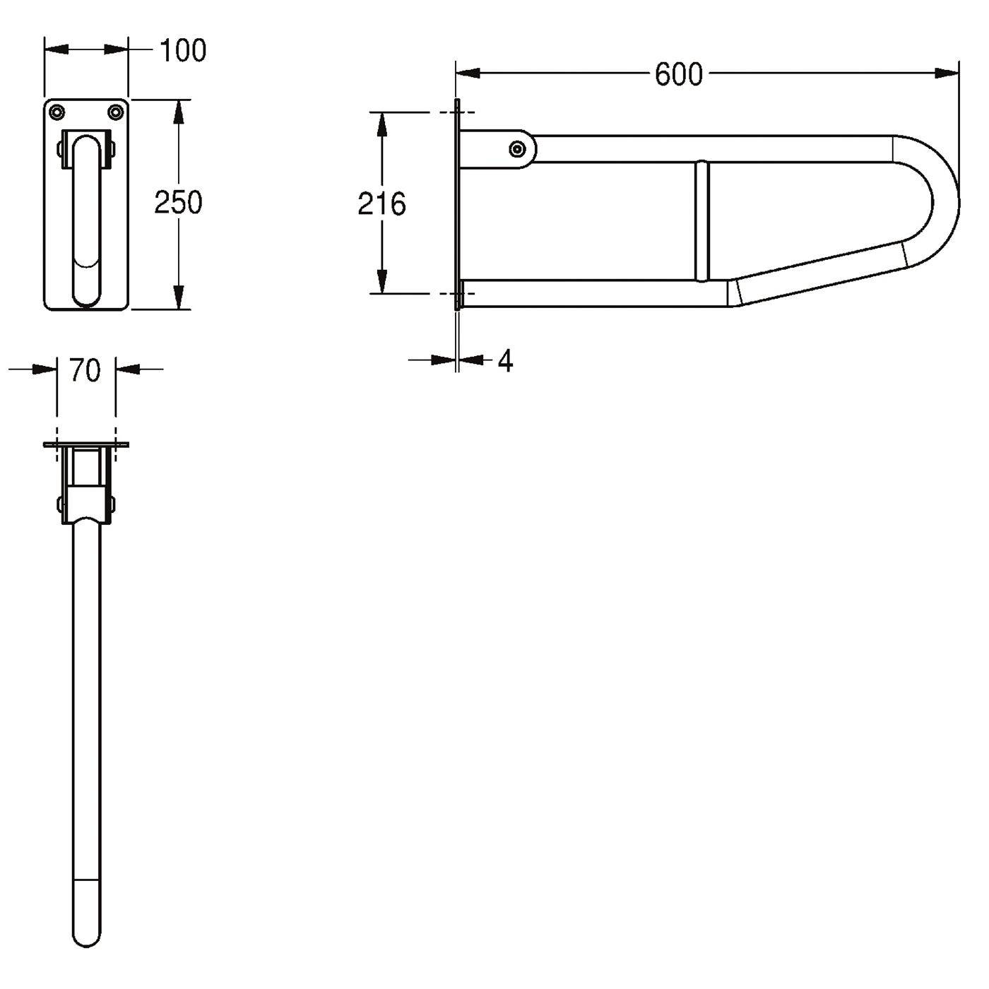 Technische Strichzeichnung einer wandmontierten Haltestange mit Abmessungen: 600 mm lang, 216 mm hoch, 70 mm breit, 100 x 250 mm Montageplatte, 4 mm Versatz.