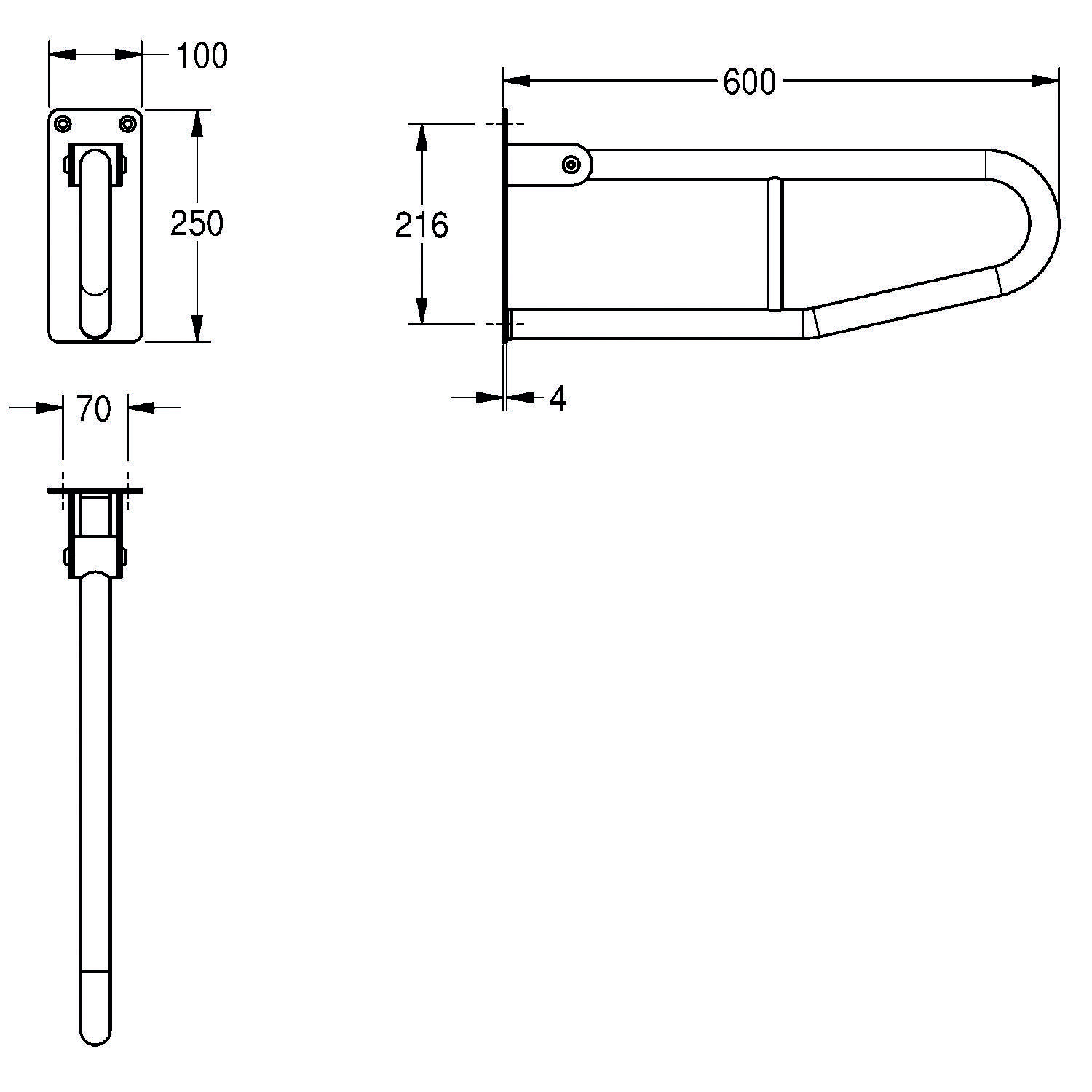 Eine technische Zeichnung einer wandmontierten, klappbaren Stützstange mit Abmessungen: 600 mm Länge, 250 mm Höhe, 216 mm Breite, 4 mm Dicke.