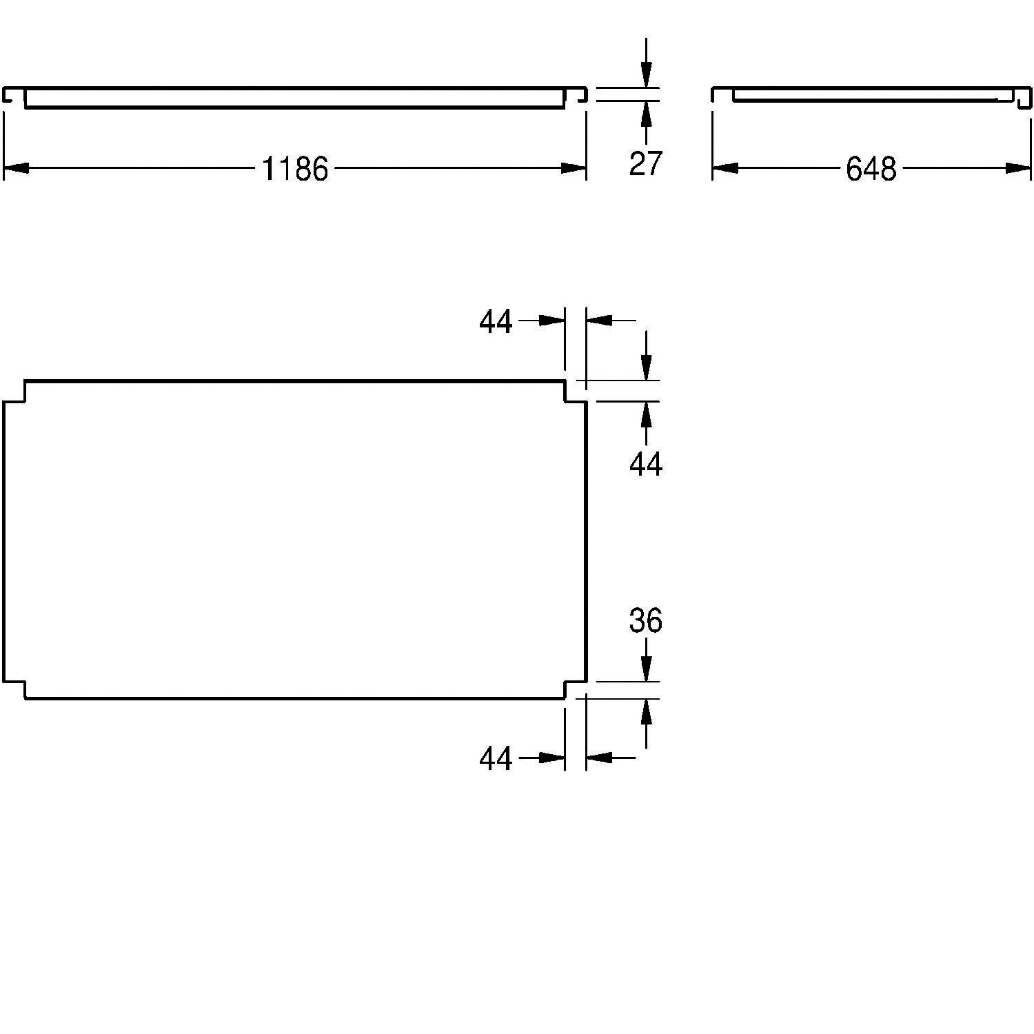 Diagramm eines rechteckigen Objekts mit detaillierten Maßen. Draufsicht: 1186 mm Länge, 27 mm Höhe. Seitenansicht: 648 mm Breite. Detaillierte Eckenmaße: 44 mm Außen, 36 mm Innen.