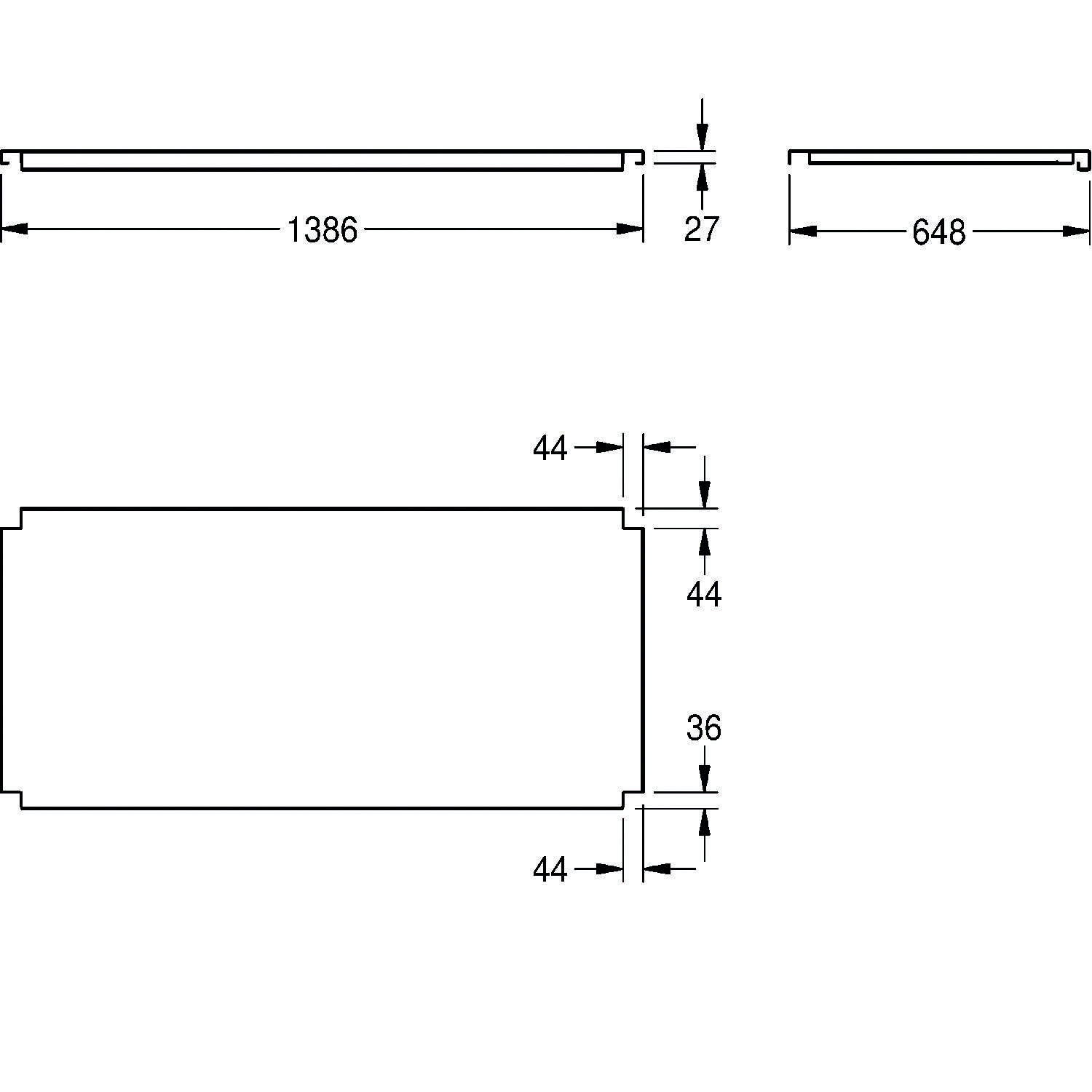 Technische Zeichnung eines Objekts mit Abmessungen: 1386 x 648 mit einer Tiefe von 27. Zusätzliche Markierungen zeigen 44 an den Seiten und eine Tiefe von 36.