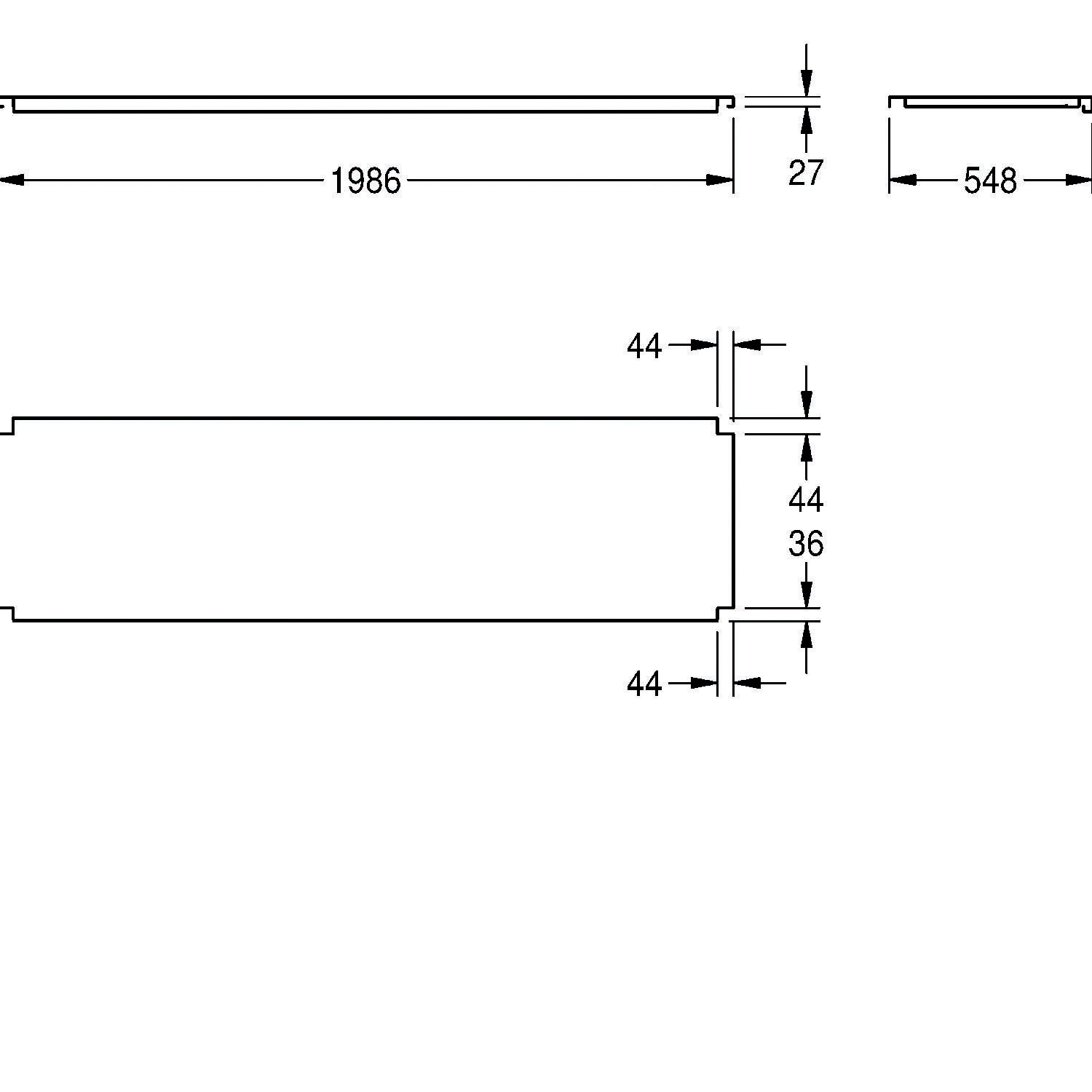 Zeichnung zeigt ein Rechteck mit Abmessungen: Länge 1986 mm, Breite 548 mm, Dicke 27 mm. Einlassungen an beiden kürzeren Seiten, jeweils 44 mm.