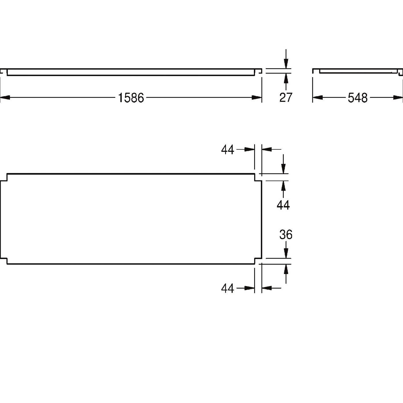 Technische Zeichnung eines rechteckigen Panels mit den Abmessungen 1586 mm × 548 mm, mit Kantendarstellung und Dickenmessungen von 27, 44 und 36 mm.