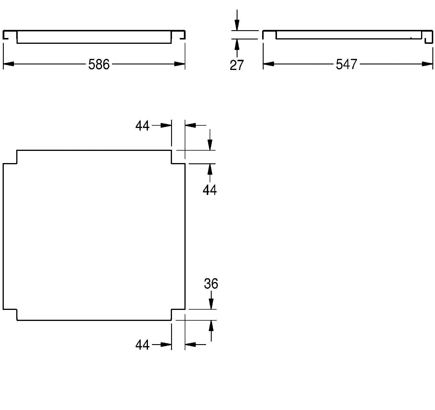 Technische Zeichnung eines Geräts mit Abmessungen: Breite 586 mm, Tiefe 547 mm und Höhe 27 mm. Zusätzliche Messungen umfassen 44 mm an den Seiten und 36 mm am Boden.