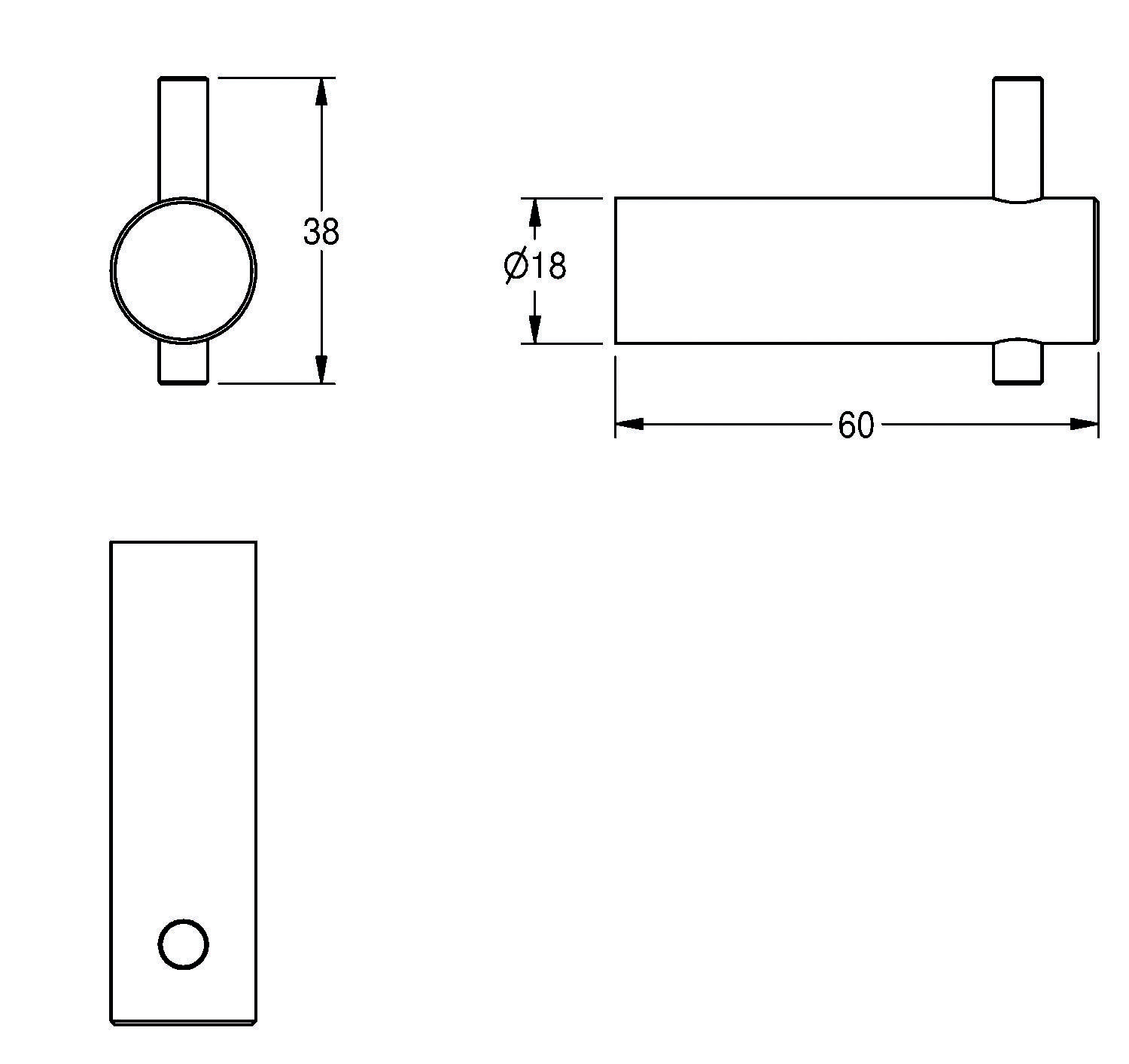 Technische Zeichnung: Seiten- und Draufsicht eines zylindrischen Hakens, 38 mm Durchmesser, 60 mm Länge, mit einem zweiten Durchmesser von 18 mm.