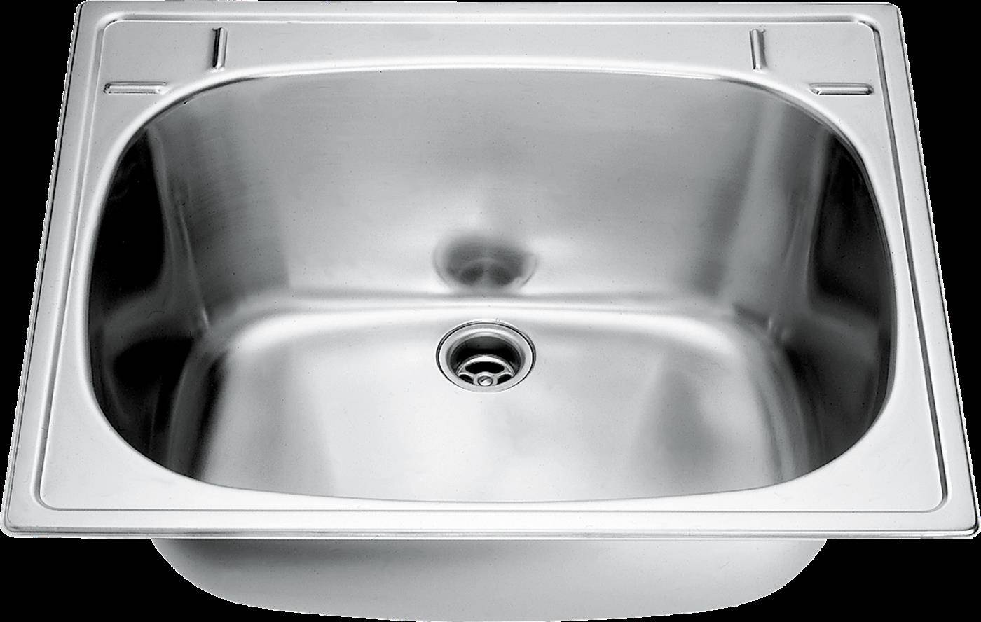 Edelstahlküchenspüle mit einem einzelnen Becken und zentriertem Abfluss, von oben auf schwarzem Hintergrund dargestellt.