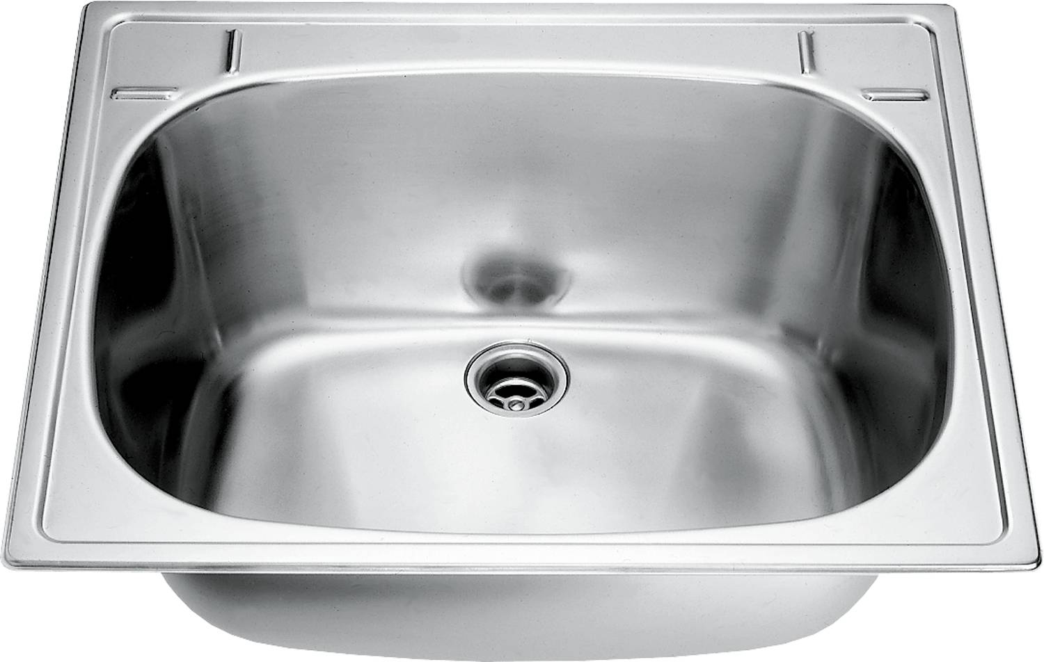 Ein glänzendes Edelstahl-Küchenwaschbecken mit einer glatten Wanne und einem zentralen Abfluss-Stopfen, von oben betrachtet.