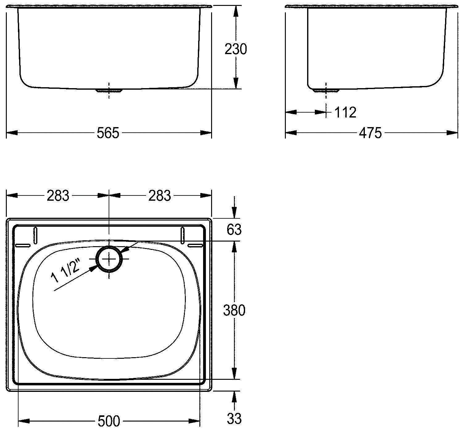 Technische Zeichnung eines Waschbeckens mit Maßangaben: Breite 565 mm, Tiefe 475 mm und Höhe 230 mm. Ablauf zentrisch, 500 mm vom seitlichen Rand entfernt.
