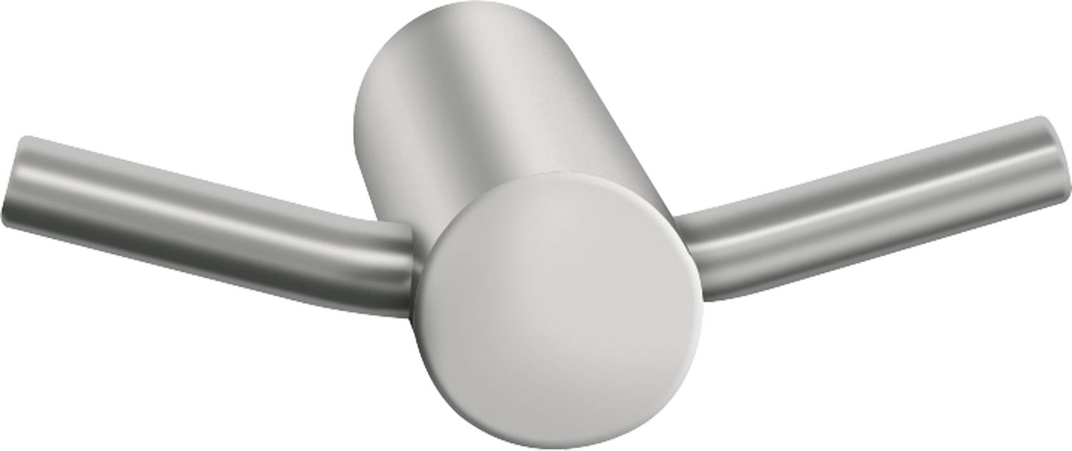 Eine Nahaufnahme eines silbernen Metallwandhakens, der an einer Oberfläche befestigt ist und dessen glatte zylindrische Gestaltung und robuste Konstruktion deutlich zu erkennen sind.