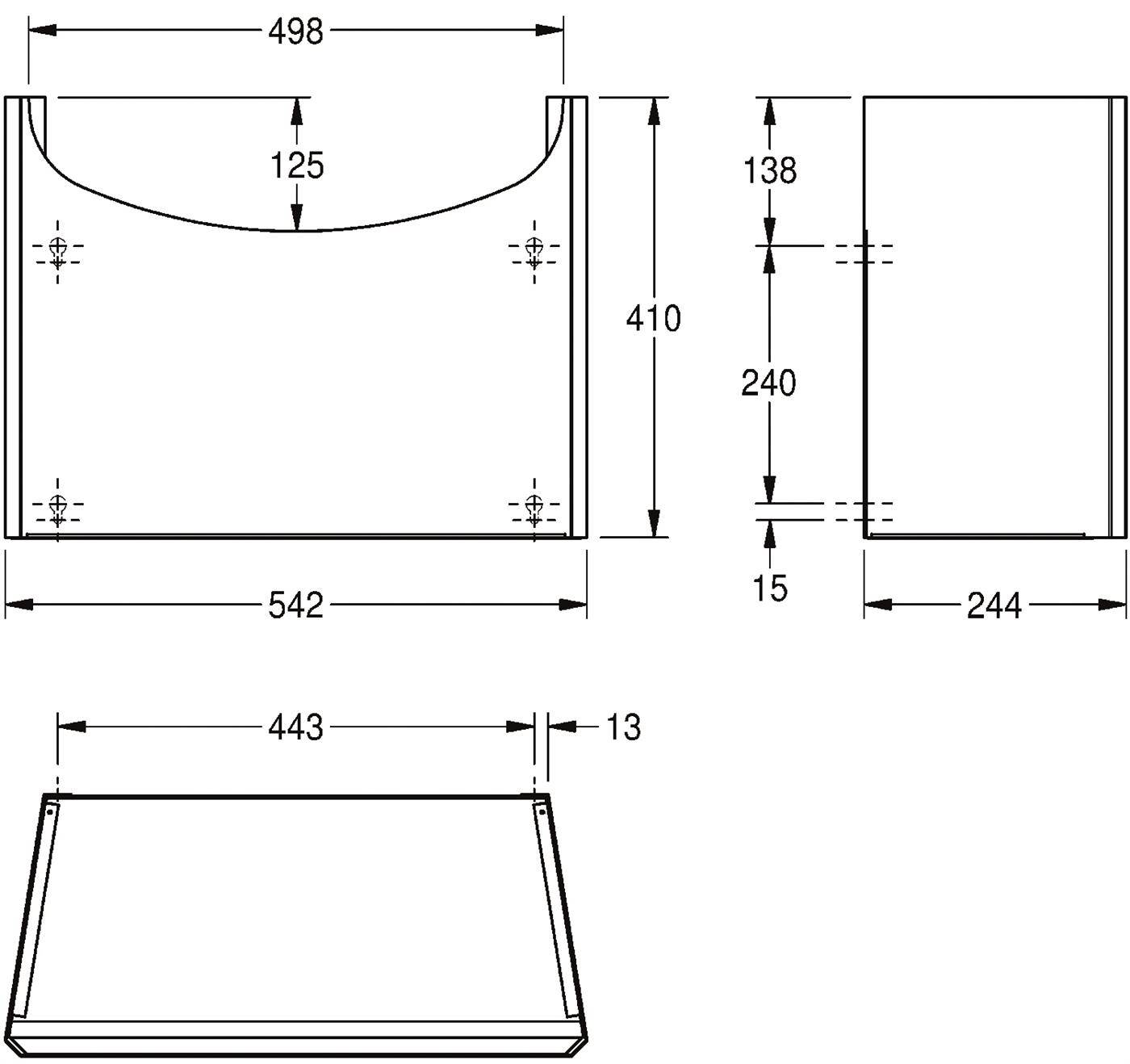 Technische Zeichnung eines kastenförmigen Teils mit Vorder-, Seiten- und Bodenansicht, die Abmessungen von 542 x 410 x 244 mm und eine gekrümmte obere Ausnehmung zeigt.