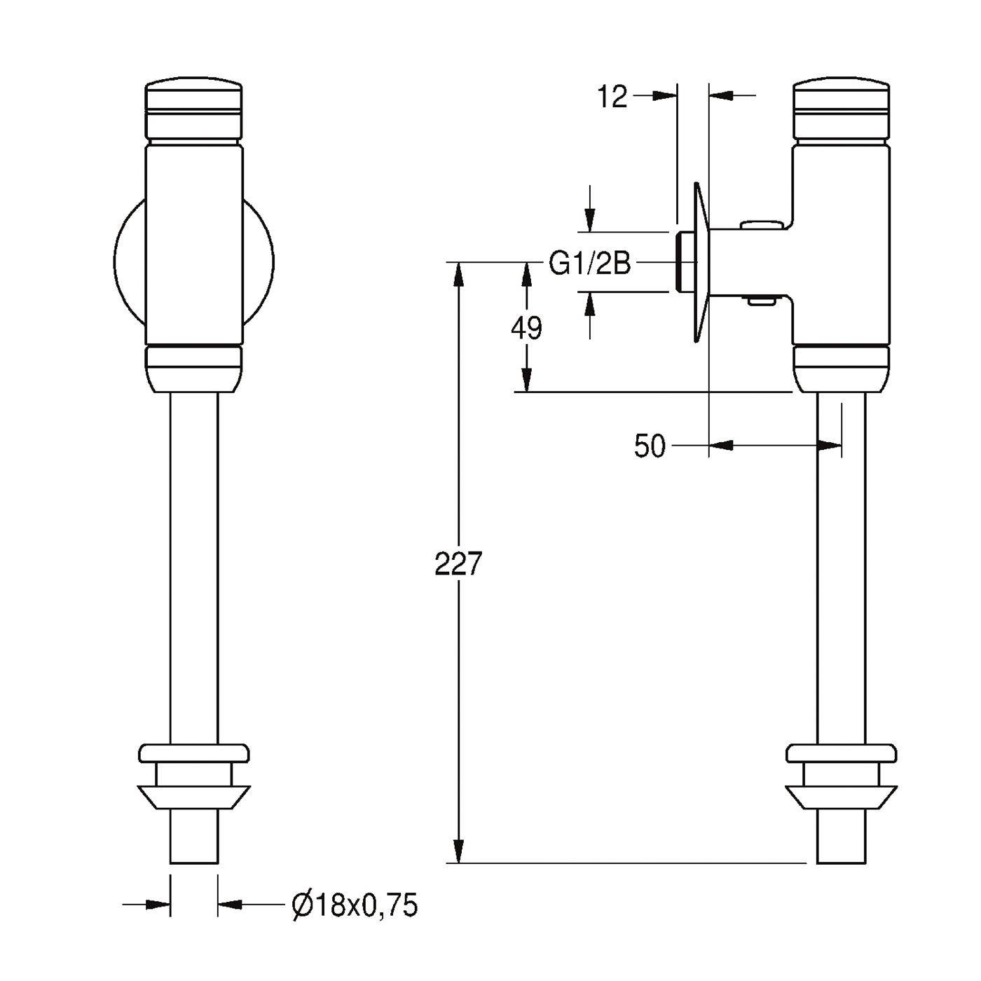 Technische Zeichnung eines zylindrischen Sensors oder einer Sonde mit seitlich angebrachtem Flansch, dargestellt in Vorder- und Seitenansicht mit Abmessungen: 227 mm Länge, 50 mm Vorstehung, G1/2B-Gewinde und Ø18 x 0,75 Spitze.