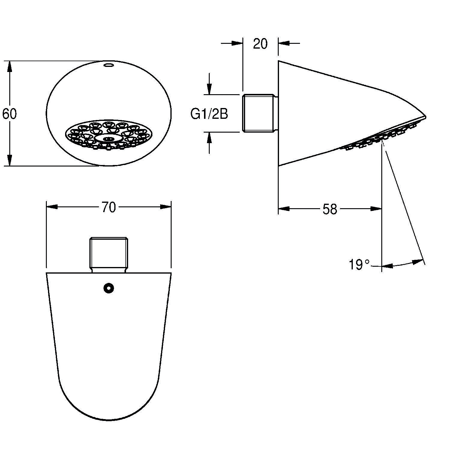 Technische Zeichnung eines Duschkopfes mit Maßangaben: 60 mm Höhe, 70 mm Breite, 20 mm Anschlusslänge, 58 mm vom Anschluss bis zur Kante, 19° Winkel.