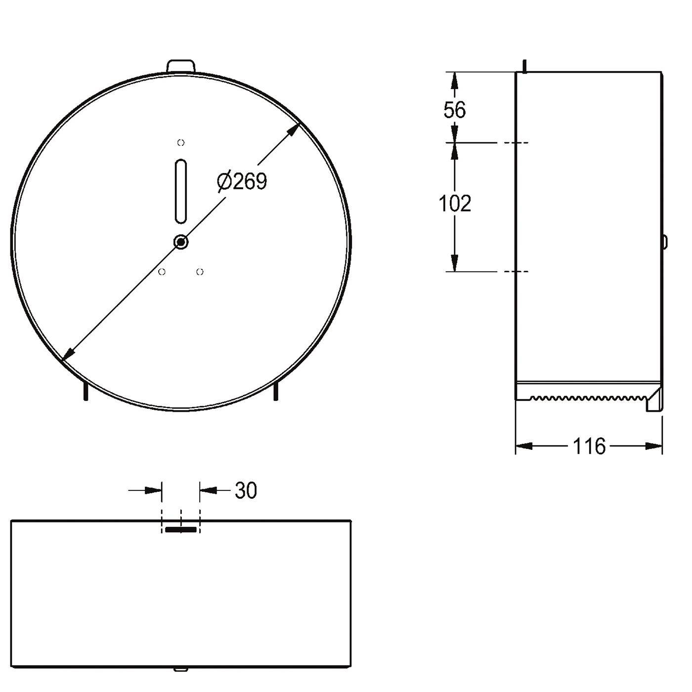 Technische Zeichnung eines zylindrischen Tanks oder Fasses mit Draufsicht, Seitenansicht und Vorderansicht, die Abmessungen Ø269, 116, 56, 102 und 30 zeigt.