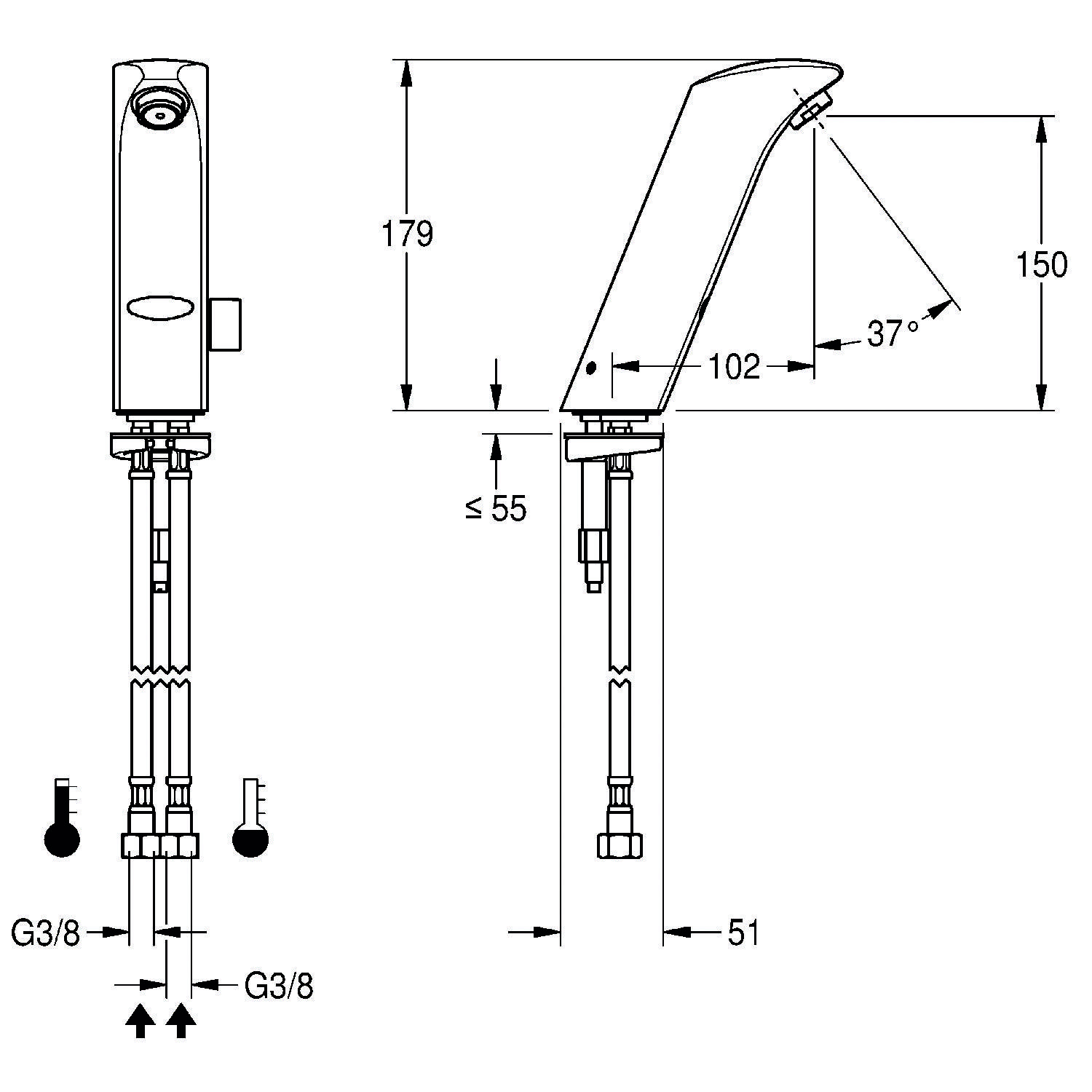 Diagramm eines Wasserhahns mit Abmessungen: Höhe 179 mm, Auslauflänge 102 mm, Winkel 37°, maximale Einbautiefe 55 mm. Anschlüsse G3/8.
