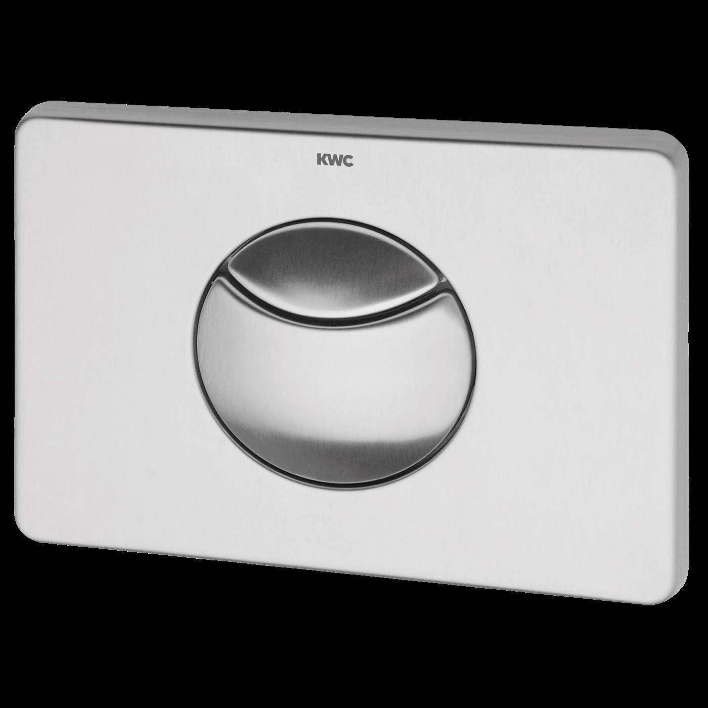 Weiße WKC-Toilettenspülplatte mit zwei-Knopf-Chromaktuator in kreisförmiger Ausführung auf einem rechteckigen Bedienfeld.