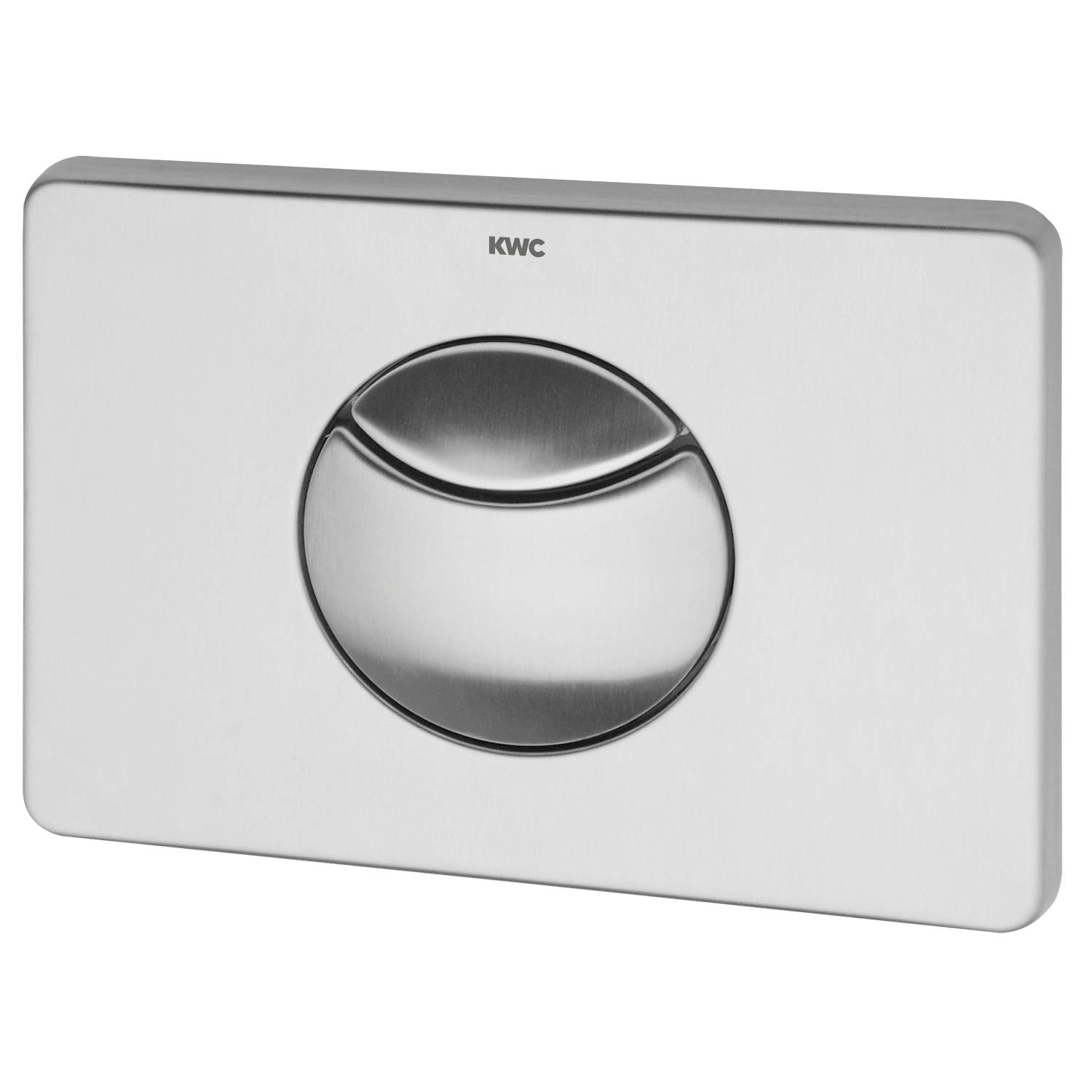 Eine rechteckige Edelstahl-Toilettenspülplatte mit einem zentralen kreisförmigen Knopf, die ein minimalistisches Design vor einem schwarzen Hintergrund aufweist.