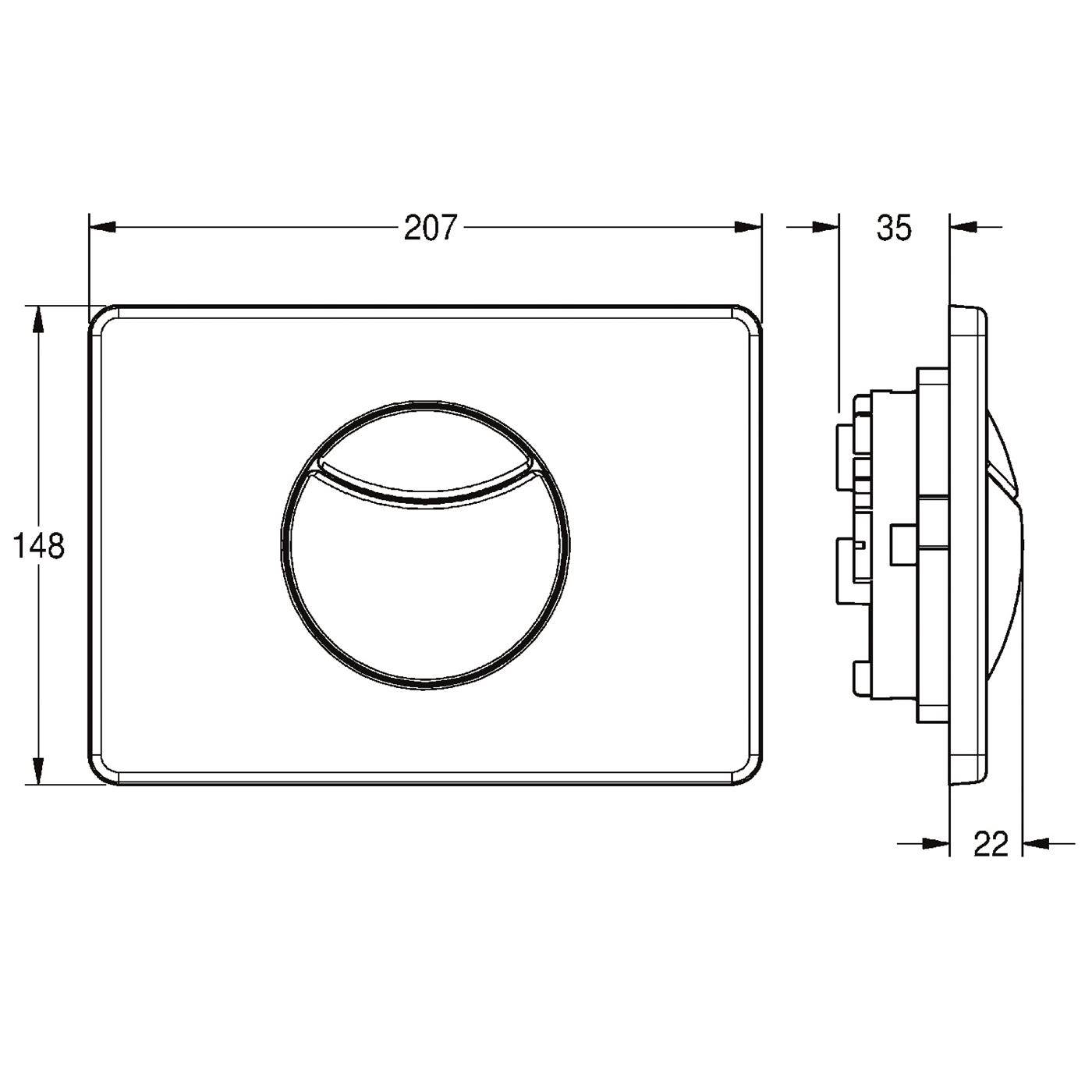 Technische Zeichnung einer rechteckigen Wandschalterplatte mit zentralem rundem Bedienlement, zeigt Vorder- und Seitenansicht mit Abmessungen 207 x 148 mm, 35 mm Tiefe und 22 mm Vorsprung.