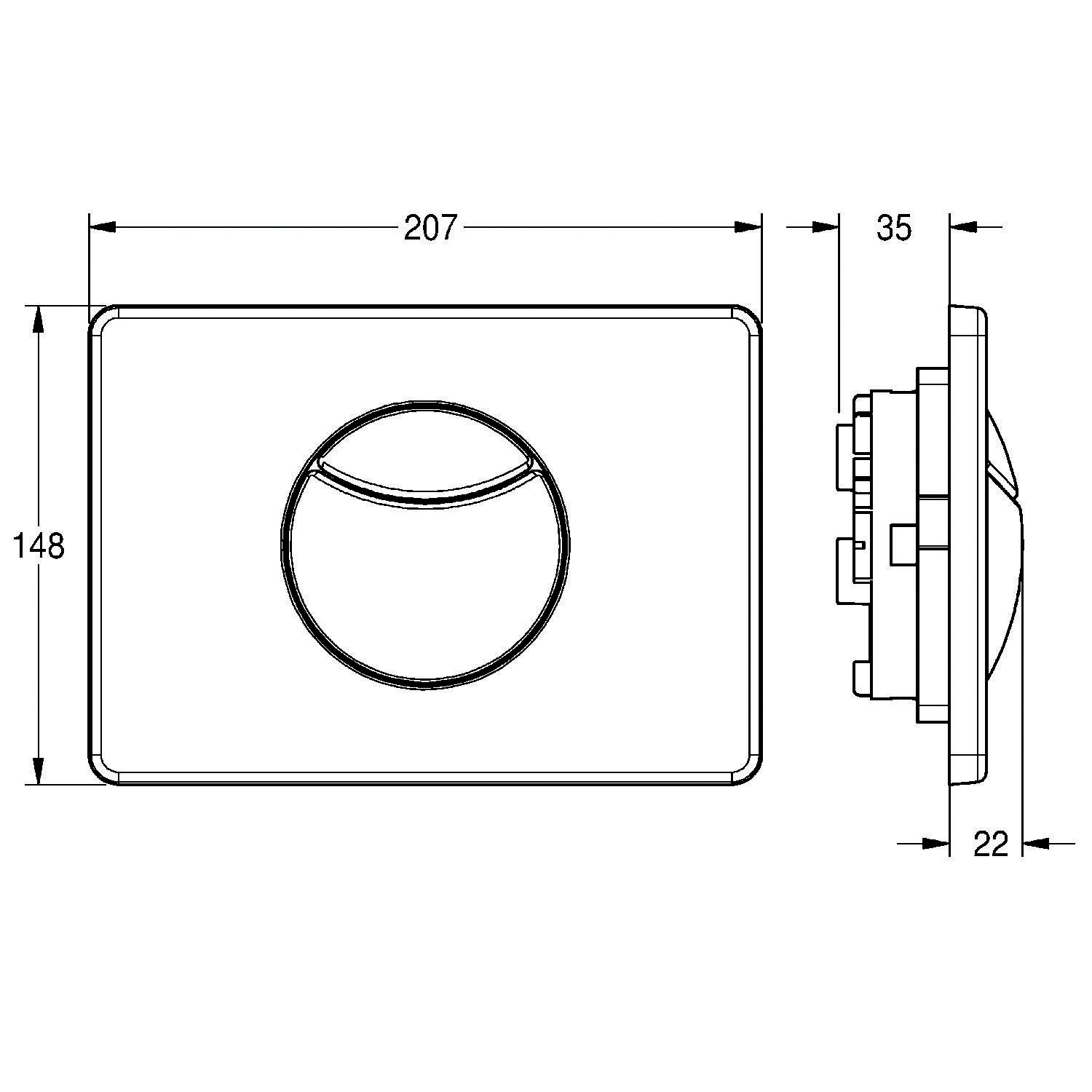 Technische Zeichnung eines rechteckigen Geräts, Abmessungen: 207 mm Länge, 148 mm Breite, 35 mm Tiefe, mit einem zentralen kreisförmigen Element.
