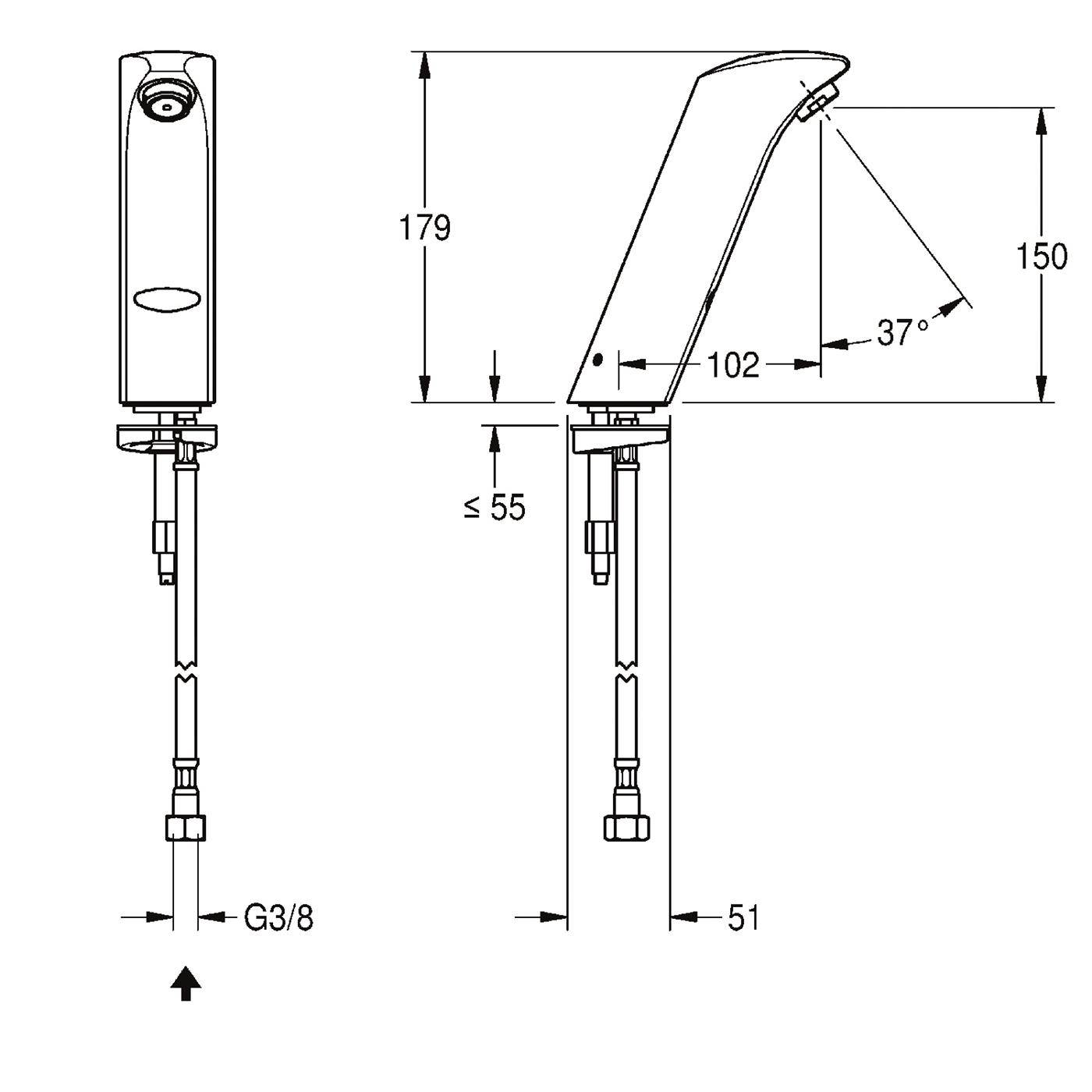 Technische Strichzeichnung eines Wasserhahns mit Abmessungen, zeigt Seiten- und Frontansicht, G3/8-Anschluss und Maße 179, 150, 102, 51 und ≤55 mm.