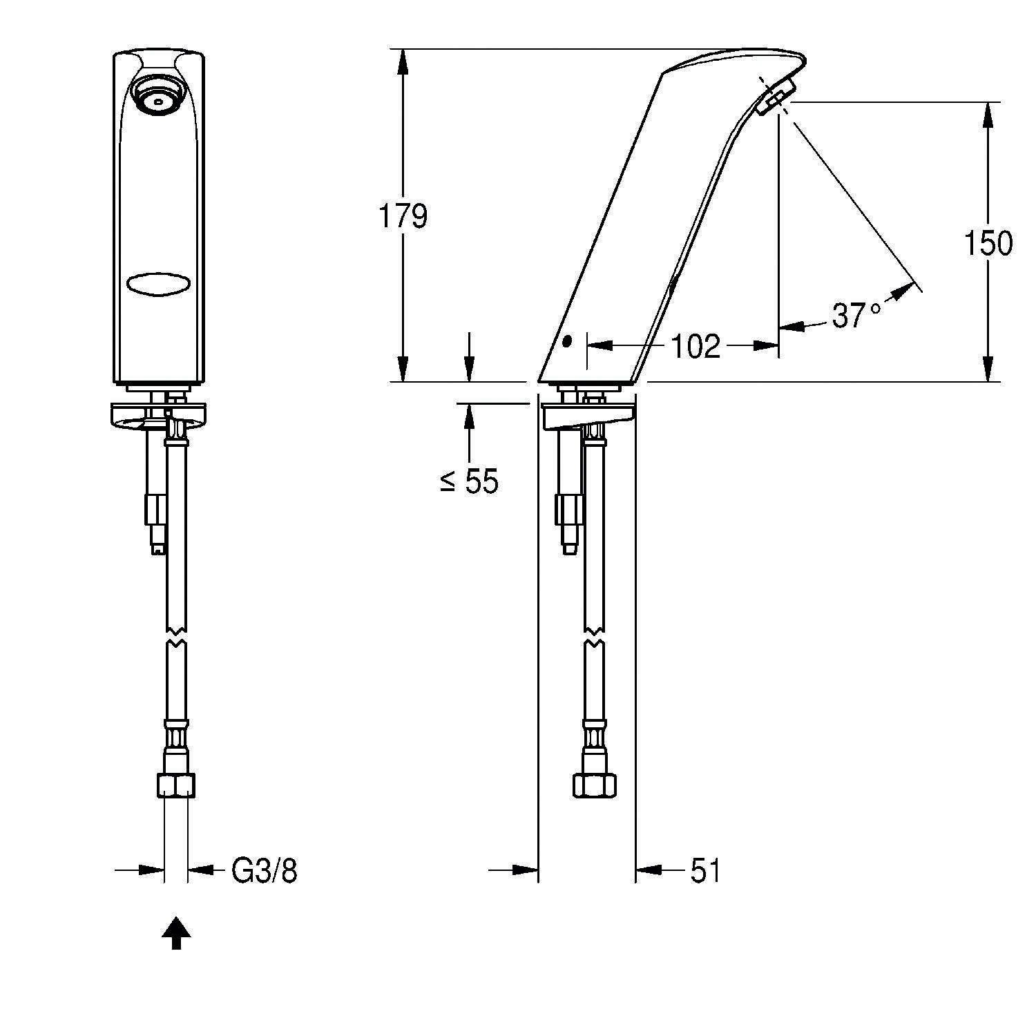 Diagramm zur Darstellung der Maße eines Wasserhahns: 179 mm Höhe, 150 mm Auslegerweite, 37-Grad-Winkel. G3/8-Anschluss an der Basis.