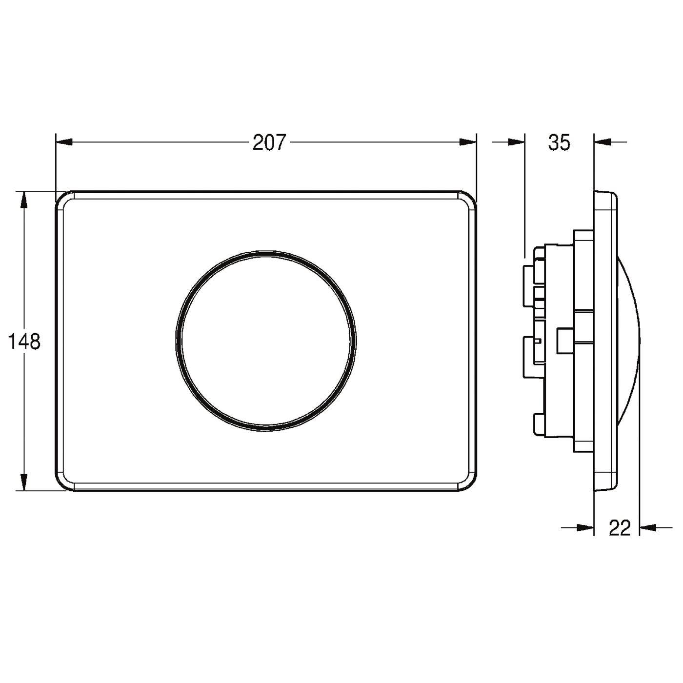 Technische Zeichnung einer rechteckigen Wandplatte mit zentrierter kreisförmiger Öffnung, dargestellt in Vorder- und Seitenansicht, mit Abmessungen von 207 × 148 mm und 35 mm Tiefe.