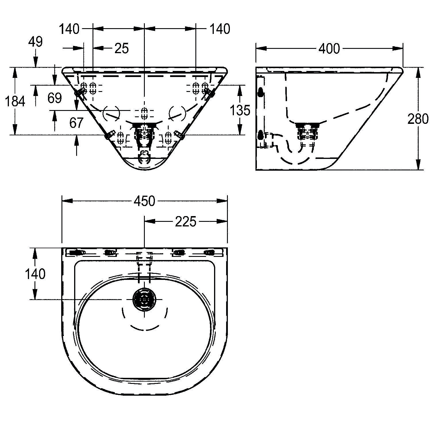 Technische Zeichnung eines Wandwaschbeckens mit Vorder-, Seiten- und Draufsicht. Abmessungen: 450 mm Breite, 400 mm Tiefe, 280 mm Höhe.