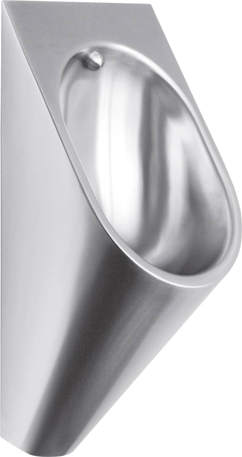 Nahaufnahme eines Edelstahl-Urinals mit Fokus auf seine glatte, reflektierende Oberfläche und geschwungene Form.