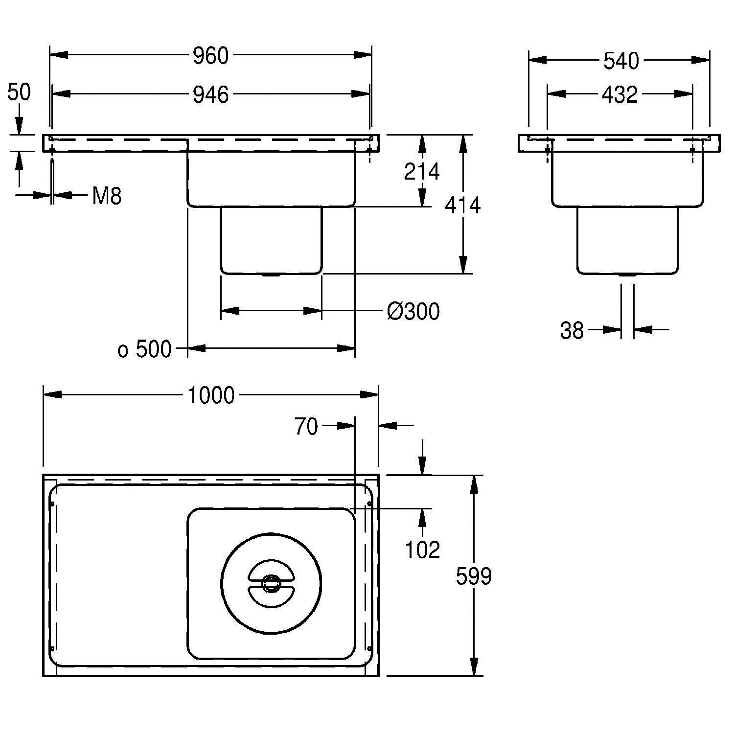 Technische Zeichnung eines rechteckigen Küchenspülbeckens mit Abmessungen: 1000 mm Länge, 540 mm Breite, 214 mm Tiefe. Ablauf misst 300 mm.