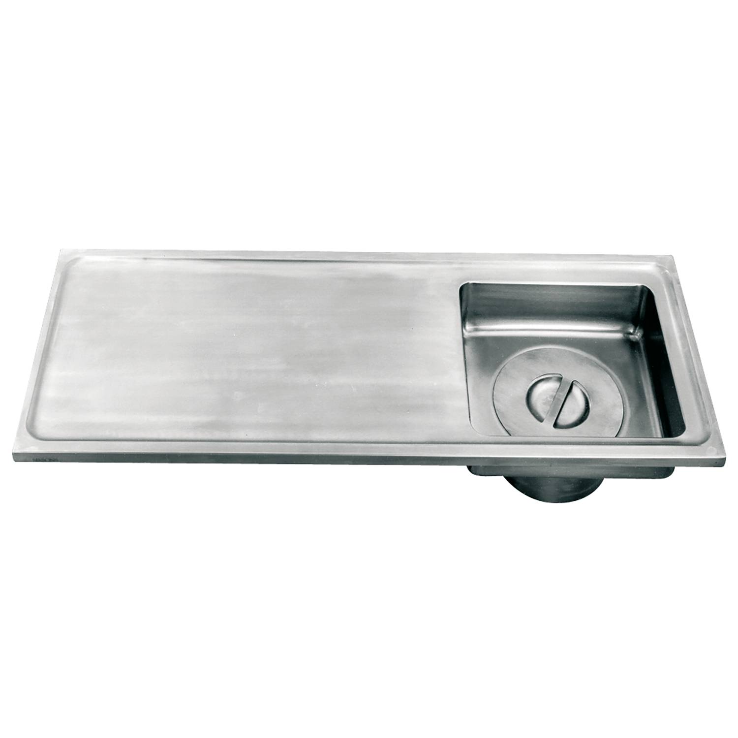 Edelstahl-Spülbecken mit einer flachen Abtropffläche und einem kleineren Becken, ausgestattet mit einem Drehverschluss-Abflussdeckel, ideal für moderne Küchen.