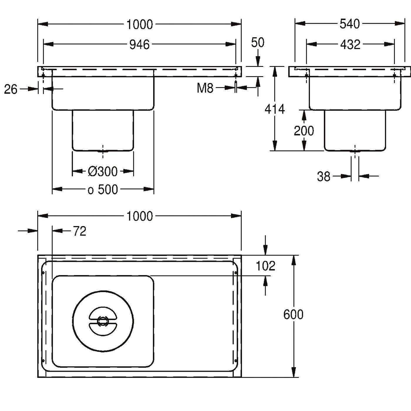 Technische Zeichnung eines rechteckigen Spülbeckens mit Abmessungen, die Draufsicht, Seitenansicht und Vorderansicht zeigen, beschriftet 1000 x 600 mm mit Becken- und Ablaufplatzierung.