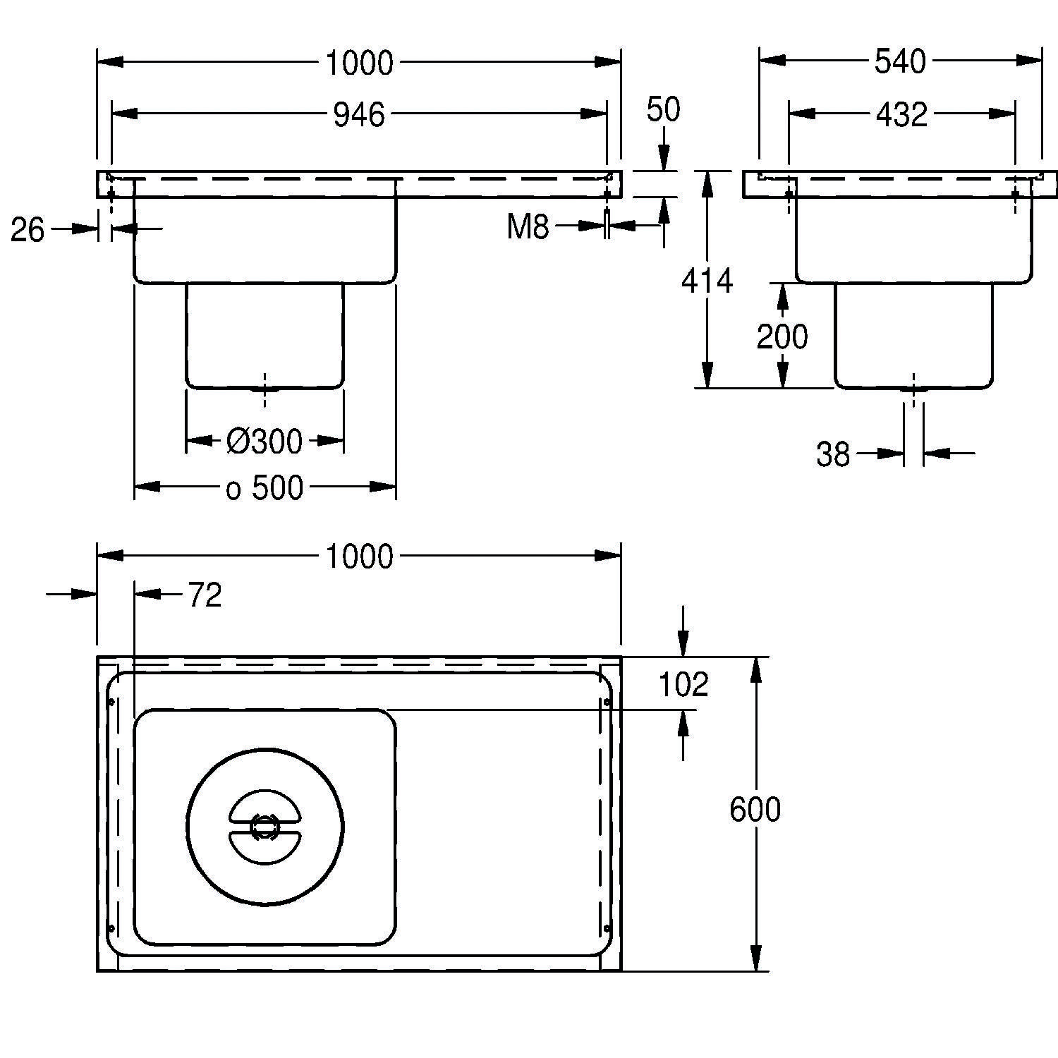 Technische Zeichnung eines rechteckigen Waschbeckens mit Abmessungen. Draufsicht zeigt 1000 mm Länge, 500 mm Breite. Seitenansicht zeigt 50 mm Tiefe.