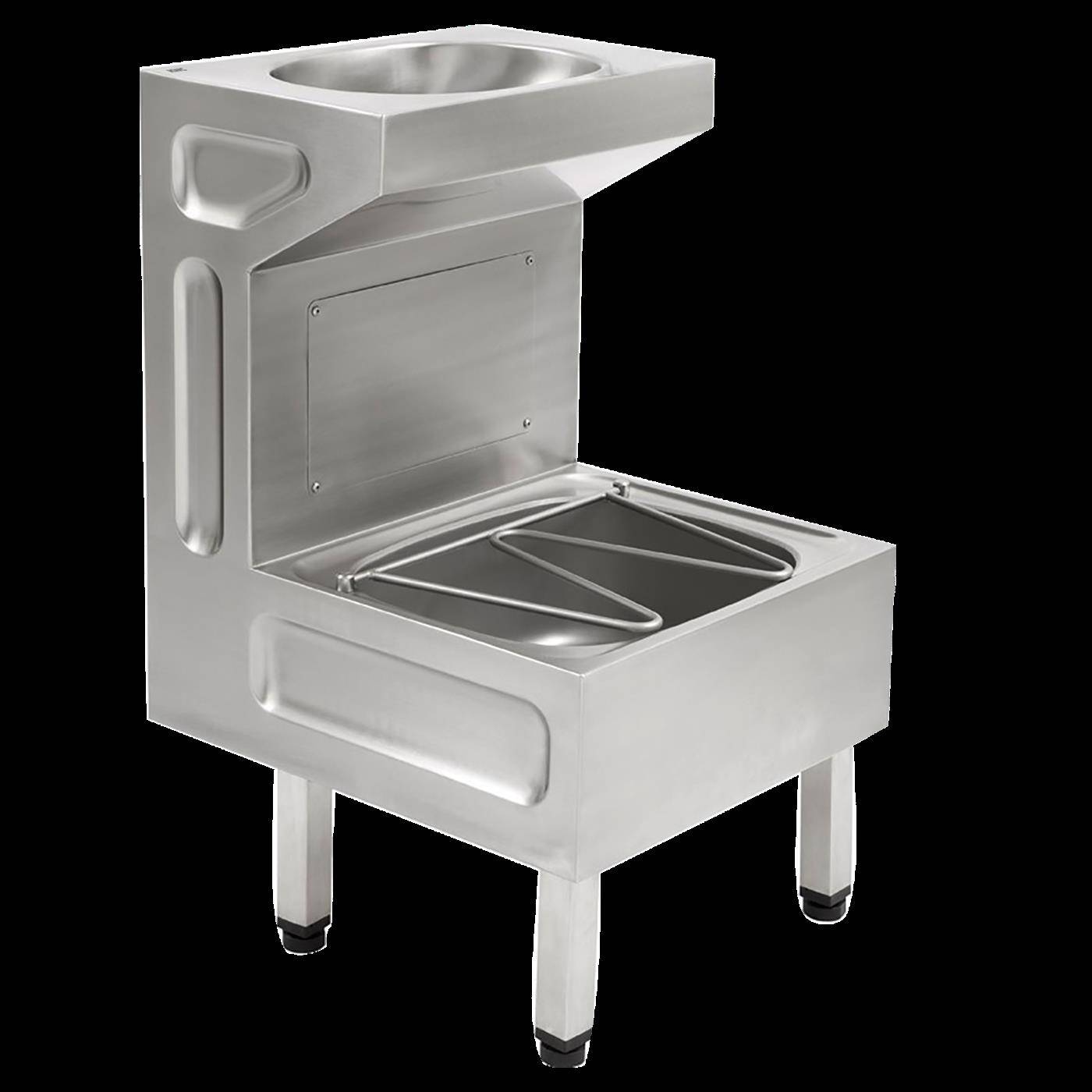 Edelstahlspülbecken für Gastronomie mit tiefem Becken, seitlichem Ablauftablett und Lagerfach unten auf vier Beinen.