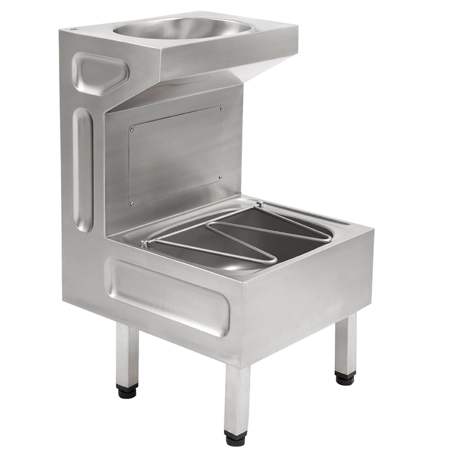 Ein moderner, Edelstahl-Einzel-Brenner-Herd mit elegantem Design, Eckspüle und minimalistischer Struktur, ideal für kleine Küchen.